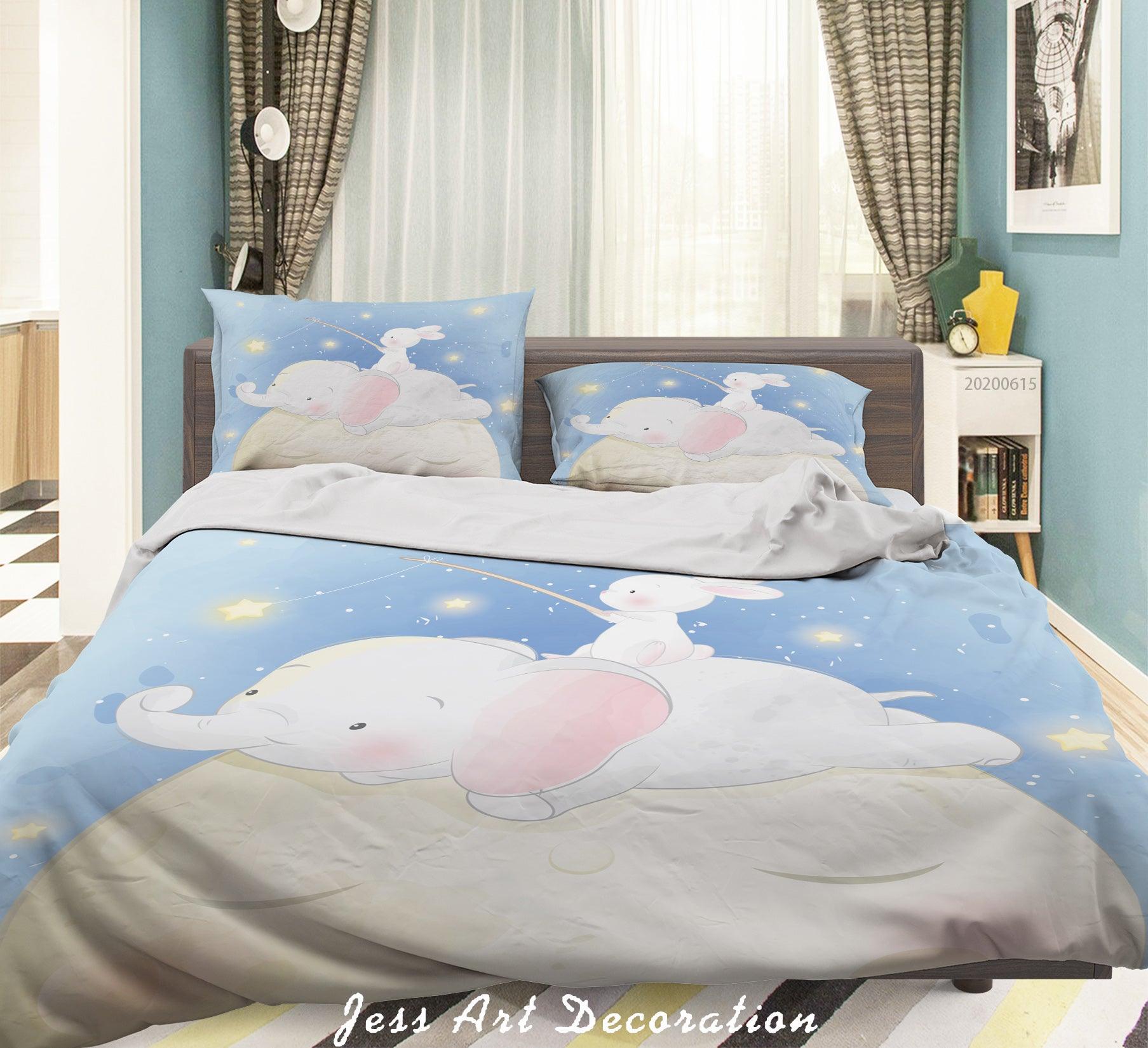 3D  Blue Cartoon Elephant Rabbit Star Quilt Cover Set Bedding Set Duvet Cover Pillowcases SF27- Jess Art Decoration