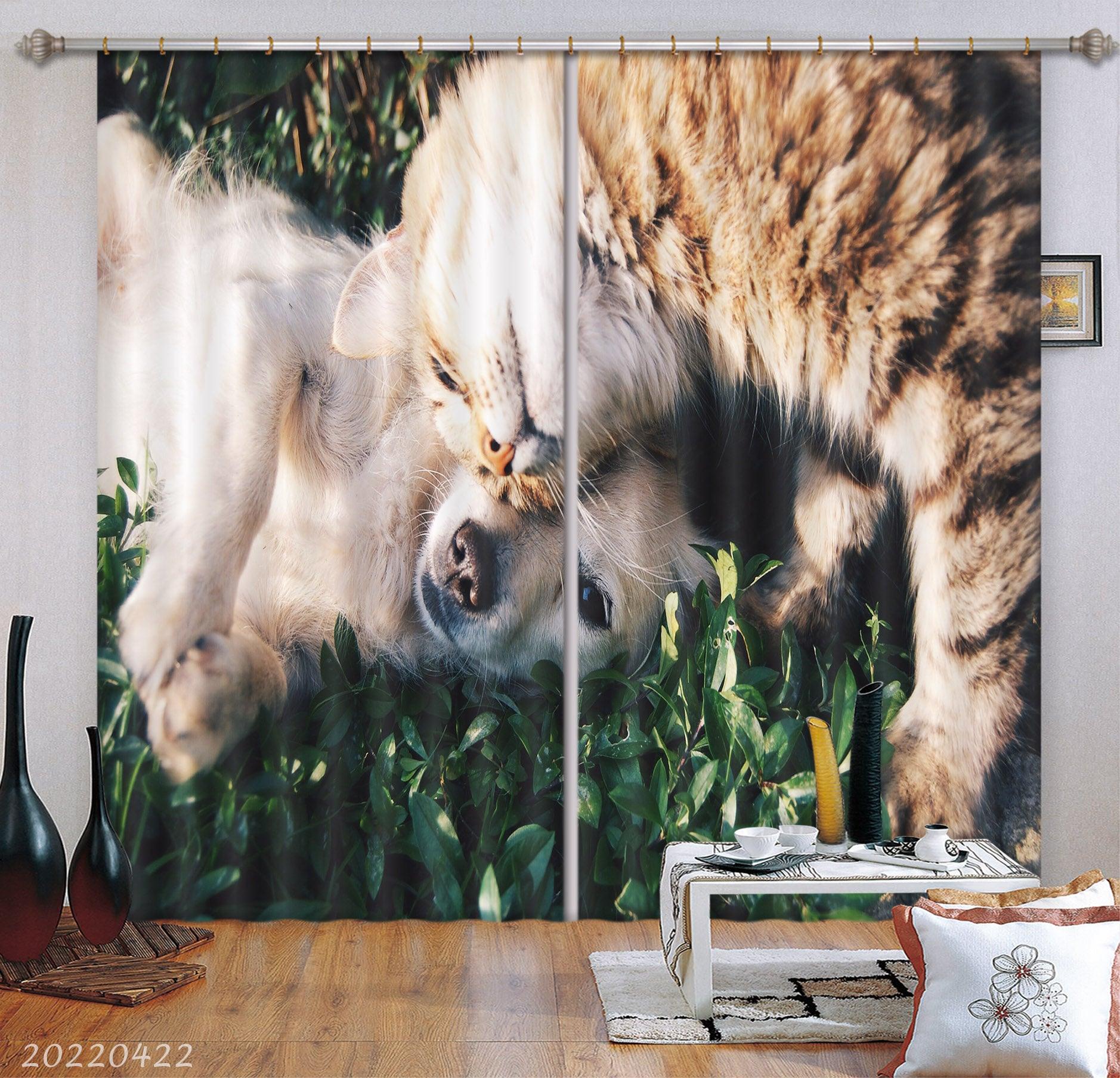 3D Two Cats Play Meadow Plant Curtains and Drapes GD 4231- Jess Art Decoration
