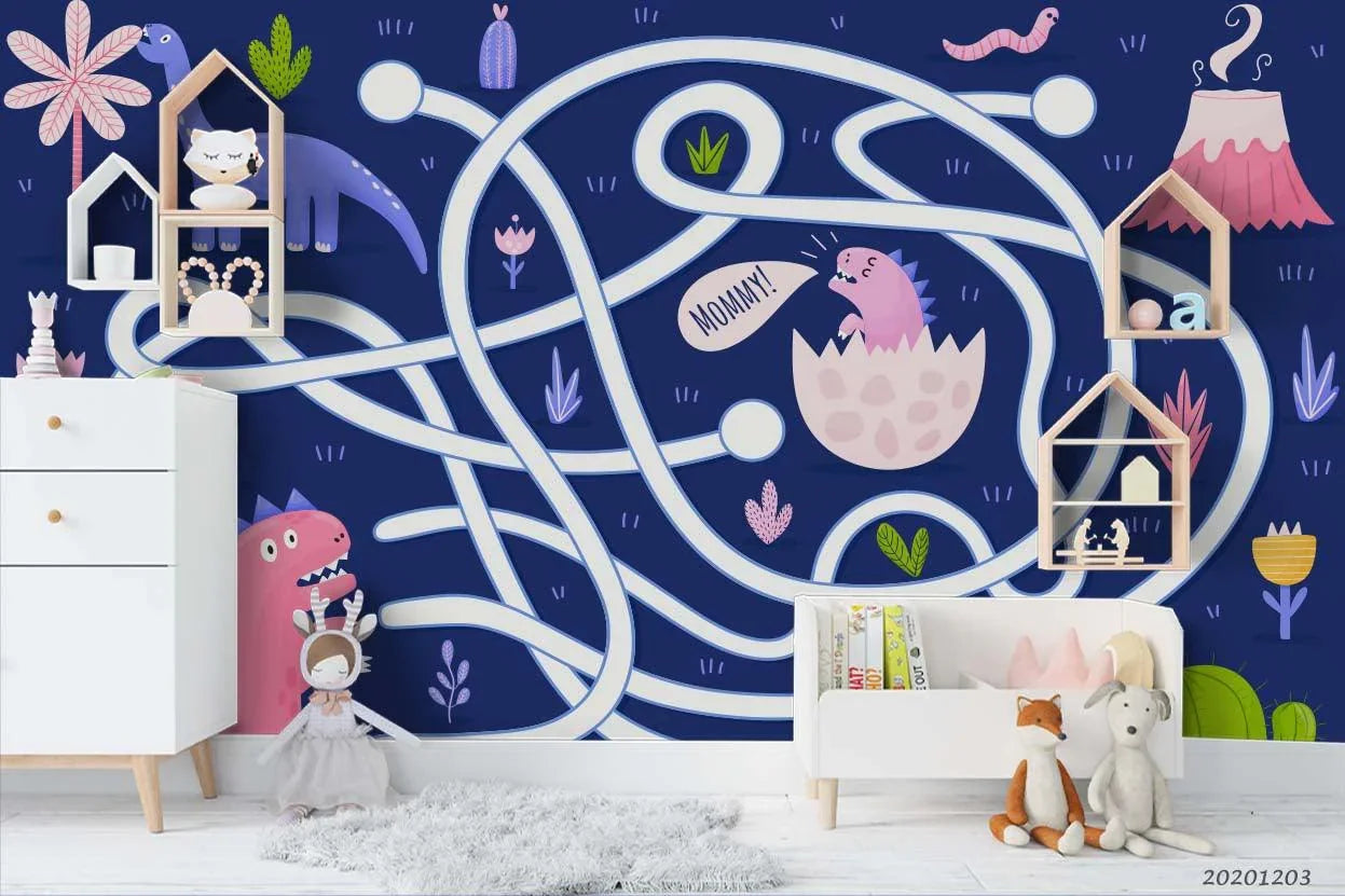 3D Cartoon Colorful Dinosaur Animal White Line Plant Pattern Wall Mural Wallpaper LXL- Jess Art Decoration