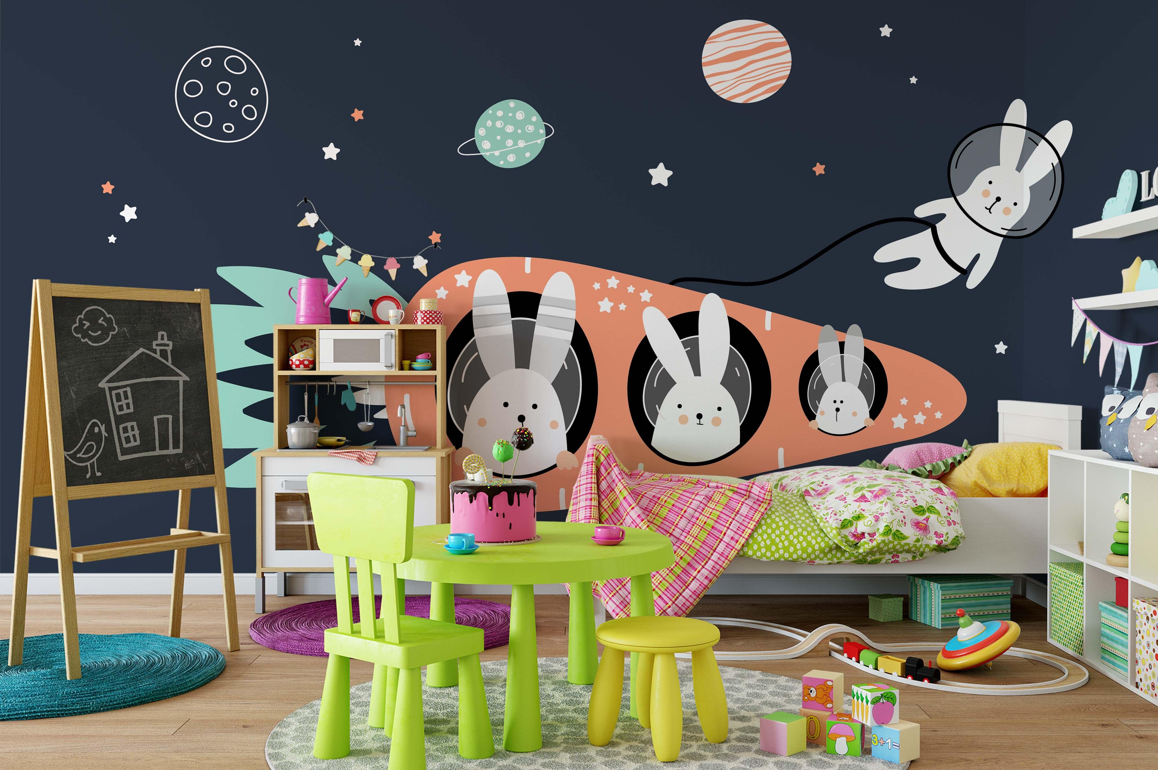3D Carrot Spaceship Rabbit Astronaut Wall Mural Wallpaper 28- Jess Art Decoration