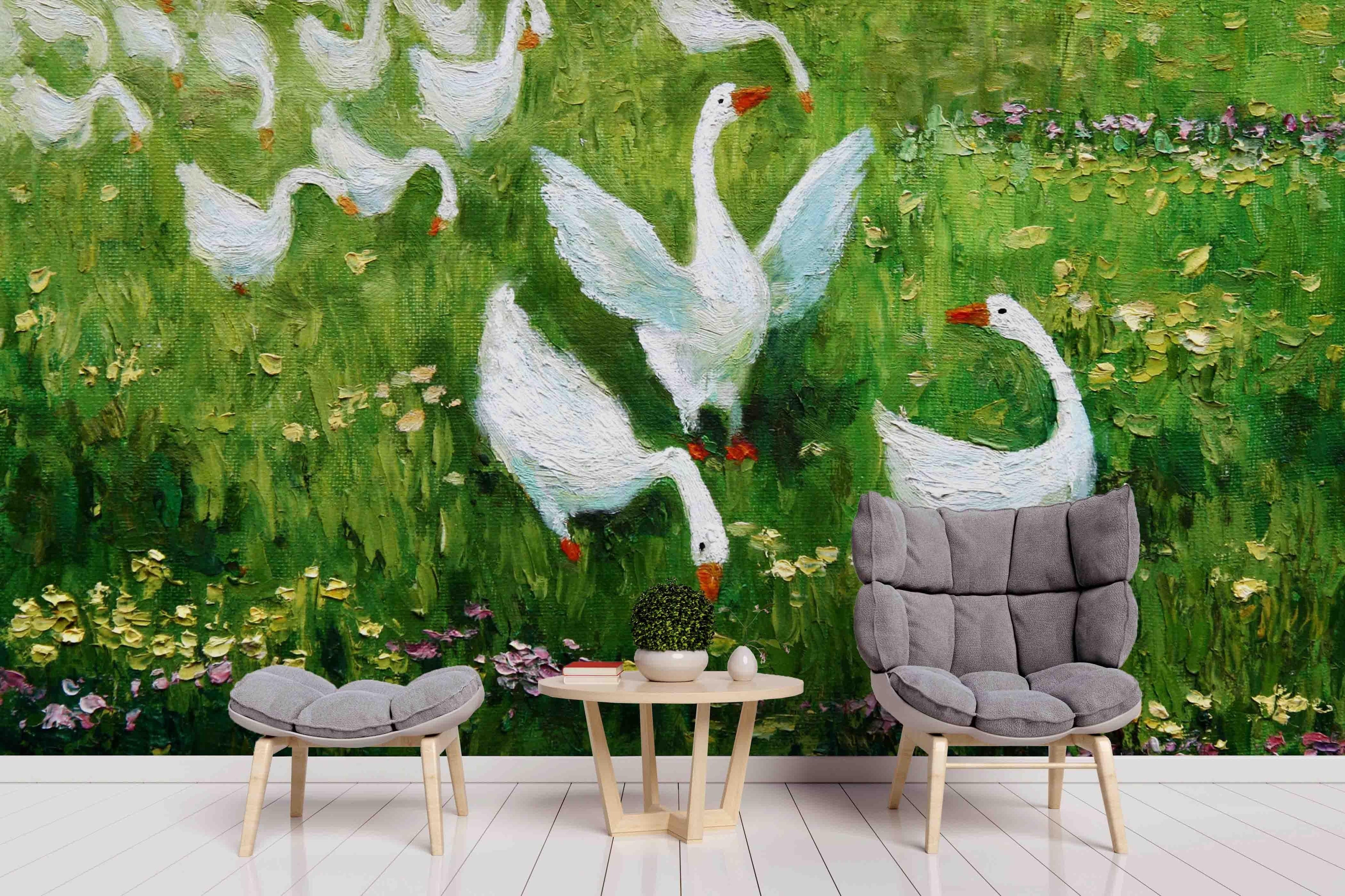 3D Grassland White Goose Oil Painting Wall Mural Wallpaper 13- Jess Art Decoration