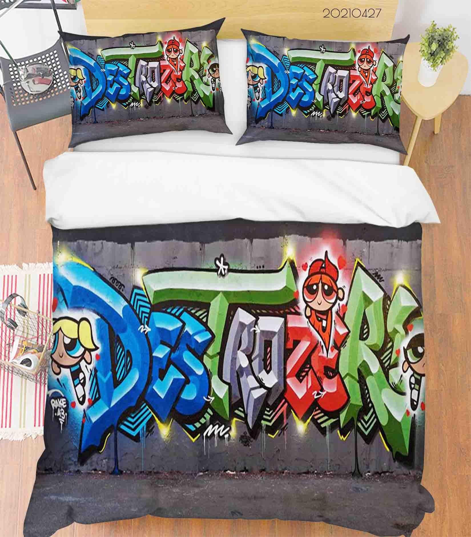 3D Abstract Colored Street Graffiti Quilt Cover Set Bedding Set Duvet Cover Pillowcases 72- Jess Art Decoration