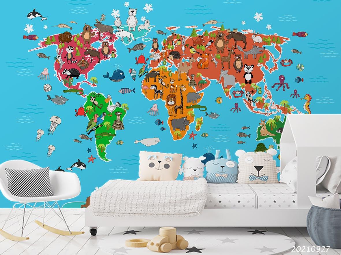 3D Blue World Map Animals Kids Wall Mural Wallpaper LQH 155- Jess Art Decoration