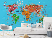 3D Blue World Map Animals Kids Wall Mural Wallpaper LQH 155- Jess Art Decoration