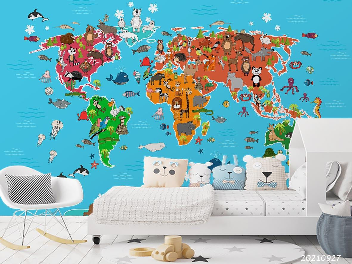3D Blue World Map Animals Kids Wall Mural Wallpaper LQH 155- Jess Art Decoration