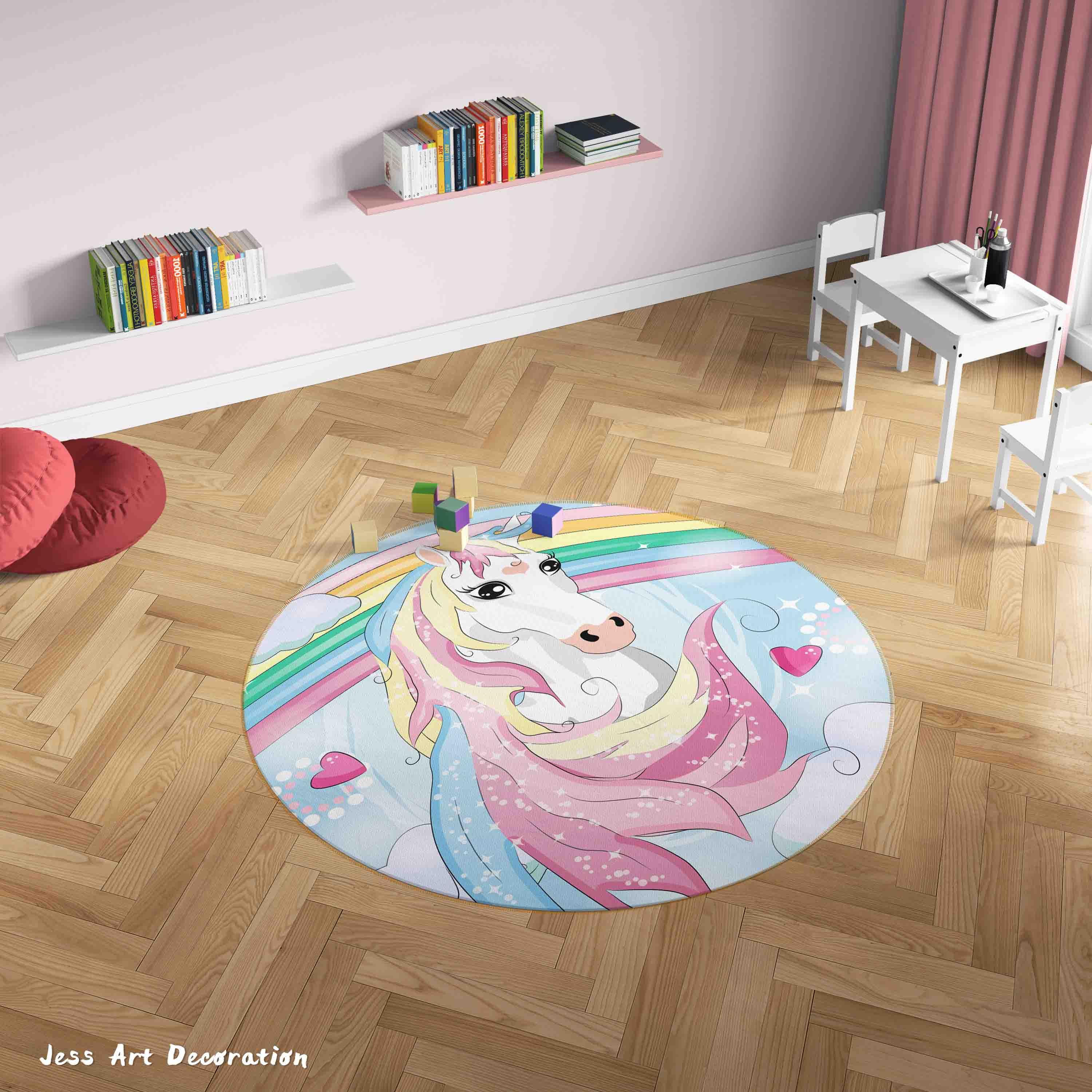 3D Cartoon Unicorn Rainbow Kids Non-Slip Round Rug Mat 68- Jess Art Decoration