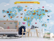 3D Map World Cartoon Animal Wall Mural Wallpaper SWW4485- Jess Art Decoration
