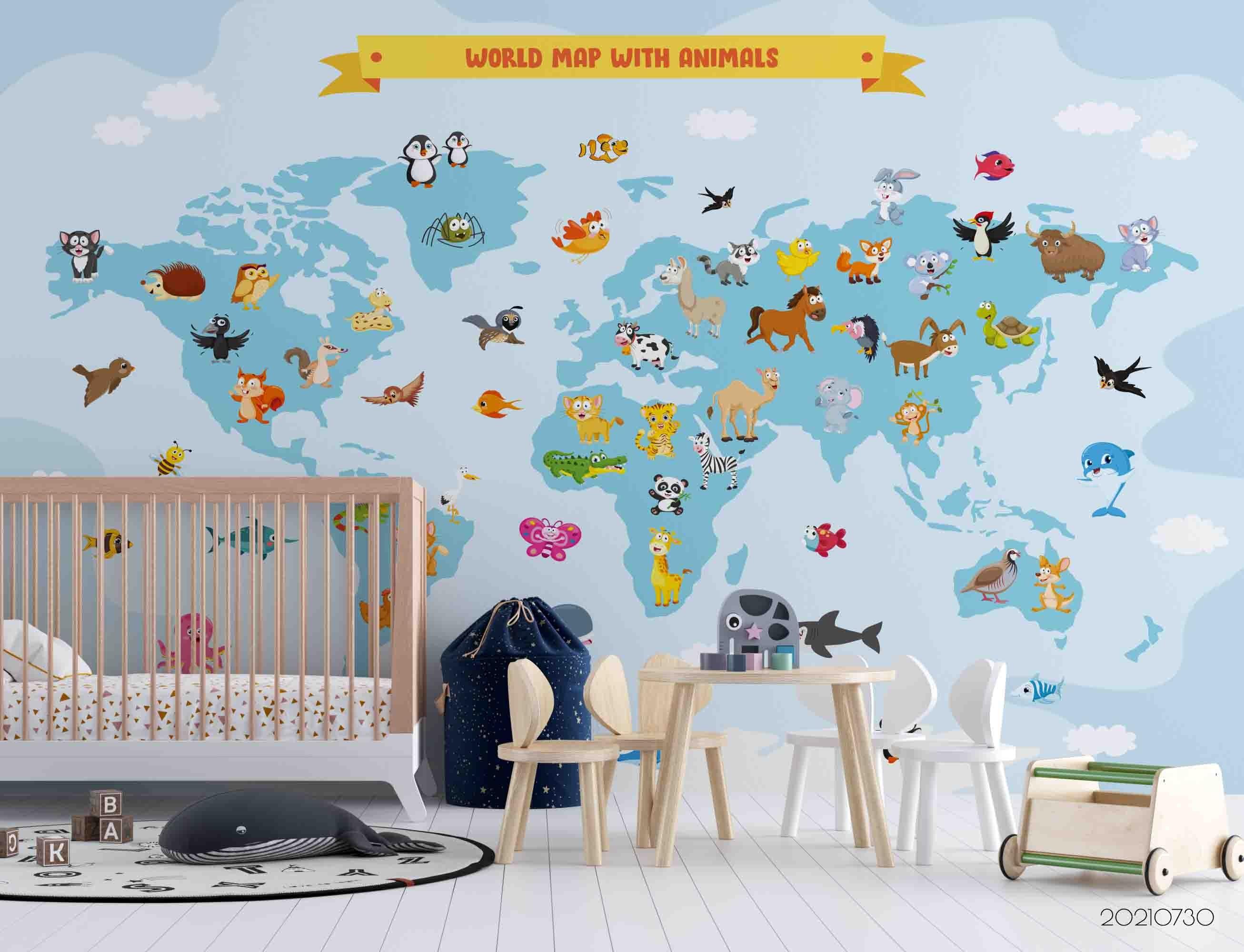 3D Map World Cartoon Animal Wall Mural Wallpaper SWW4485- Jess Art Decoration