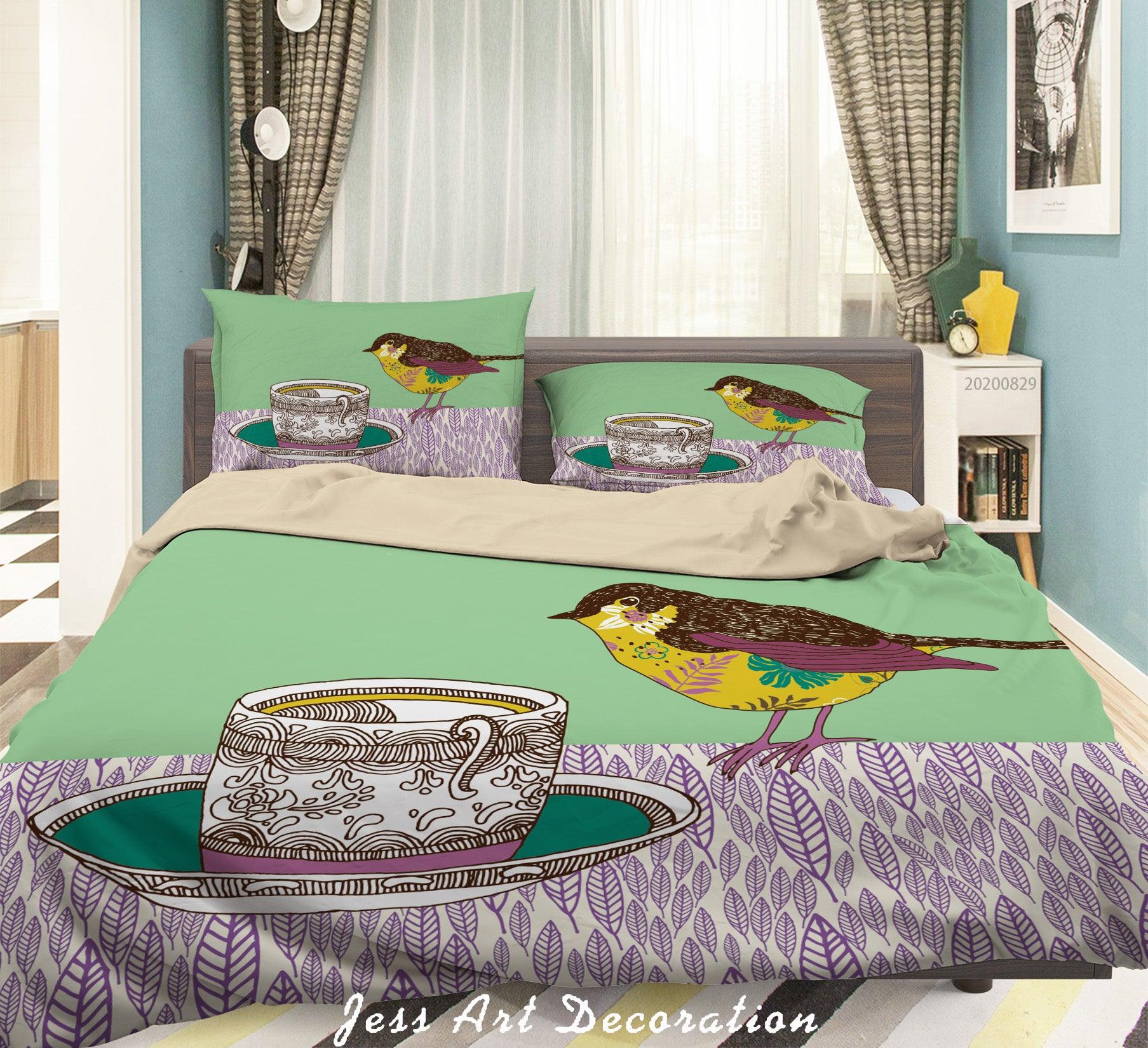 3D Abstract Hand Draw Cartoon Bird Teacup Pattern Quilt Cover Set Bedding Set Duvet Cover Pillowcases WJ 3555- Jess Art Decoration