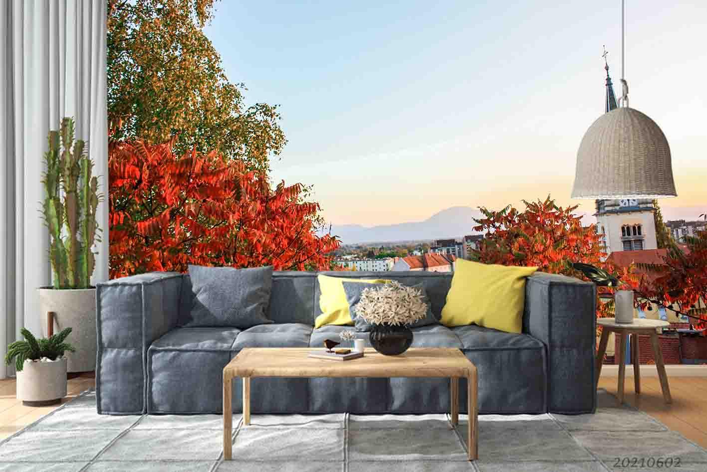 3D Red Maple Blue Sky Village Wall Mural Wallpaper SWW884- Jess Art Decoration