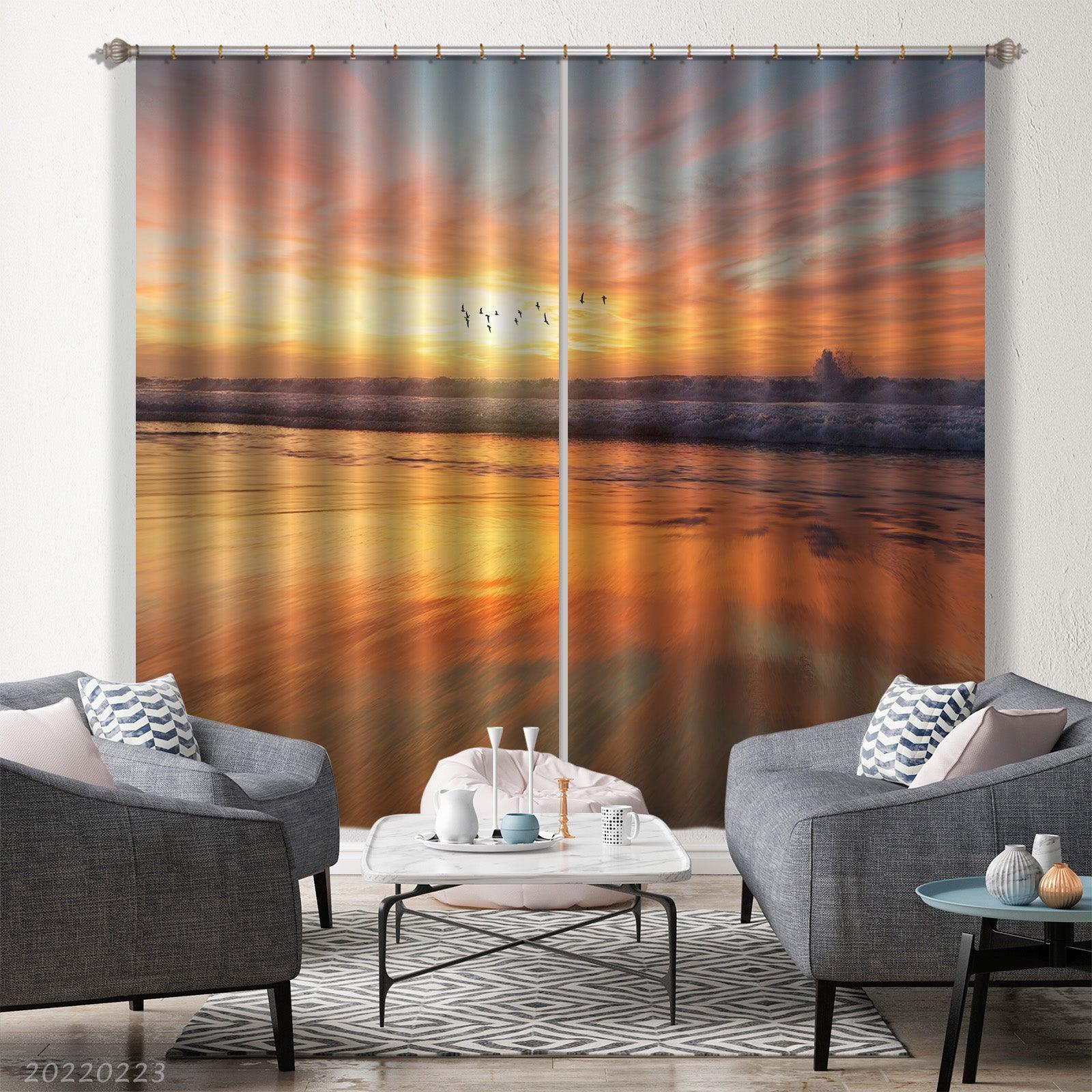 3D Sea Wave Orange Skyline Seagull Curtains and Drapes GD 2839- Jess Art Decoration
