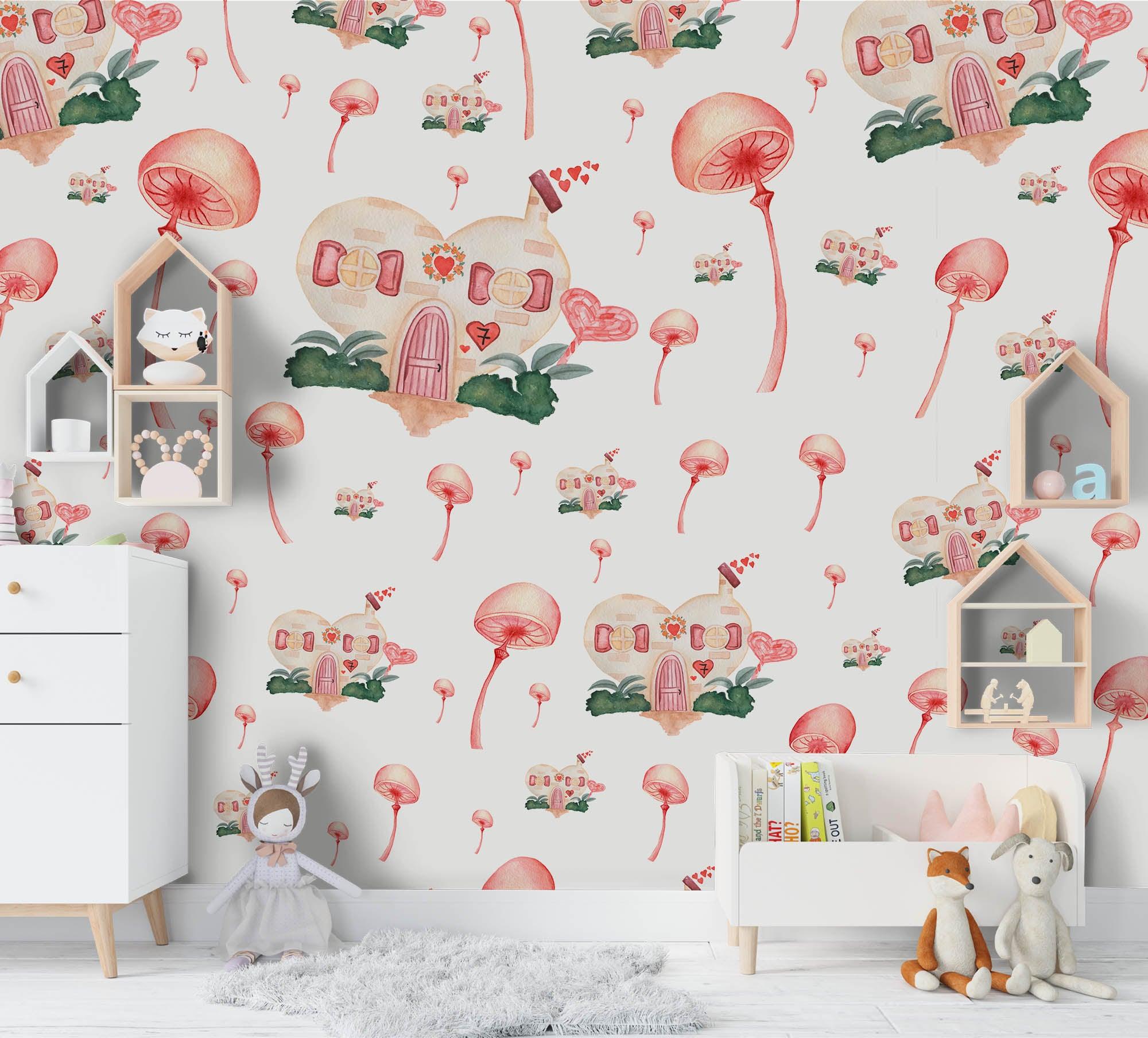 3D Cartoon Pink Mushroom Wall Mural Wallpaper 99- Jess Art Decoration