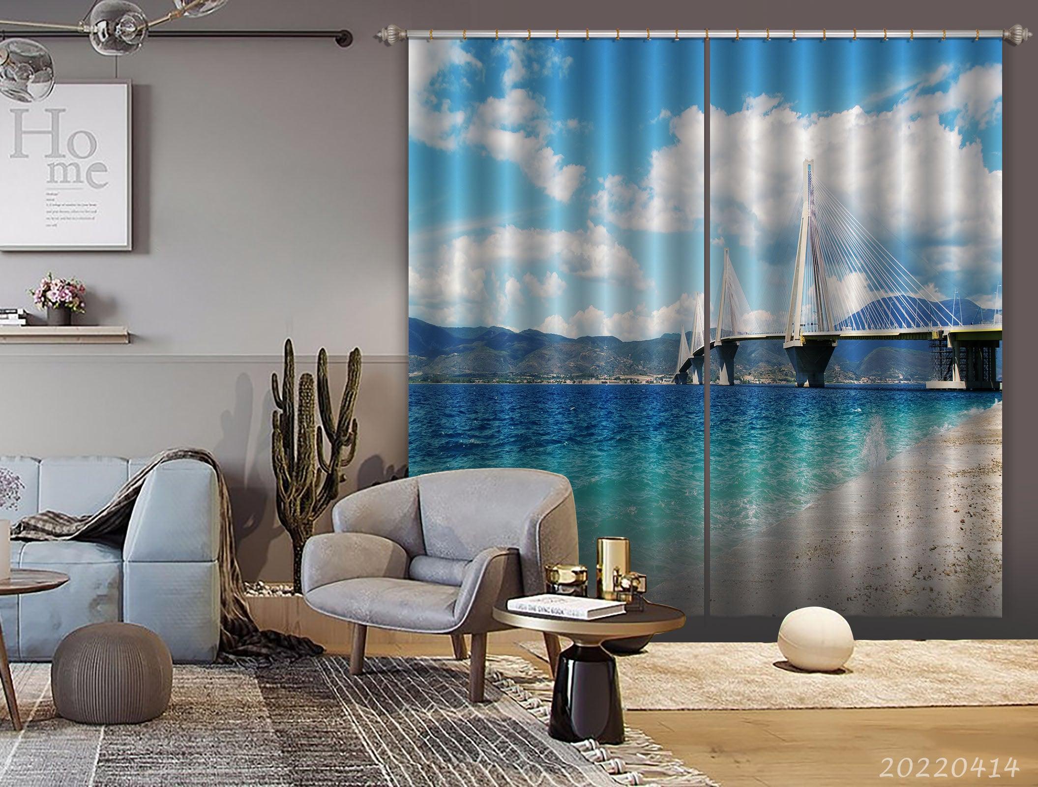 3D Landscape Sea Coast Bridge Mountain Curtains and Drapes GD 4157- Jess Art Decoration
