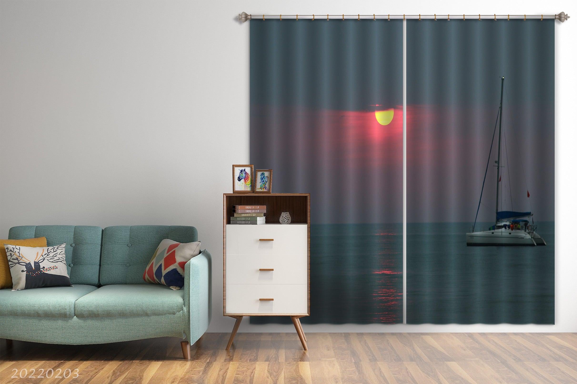 3D Yacht Ocean Golden Sun Red Sky Curtains and Drapes GD 1012- Jess Art Decoration