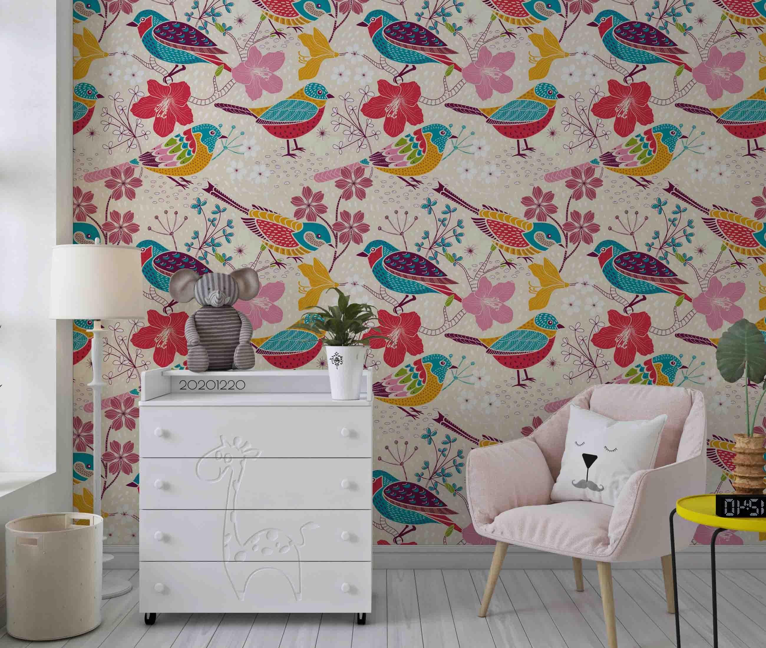 3D Hand Drawn Animal Color Bird Floral Wall Mural Wallpaper LQH 75- Jess Art Decoration