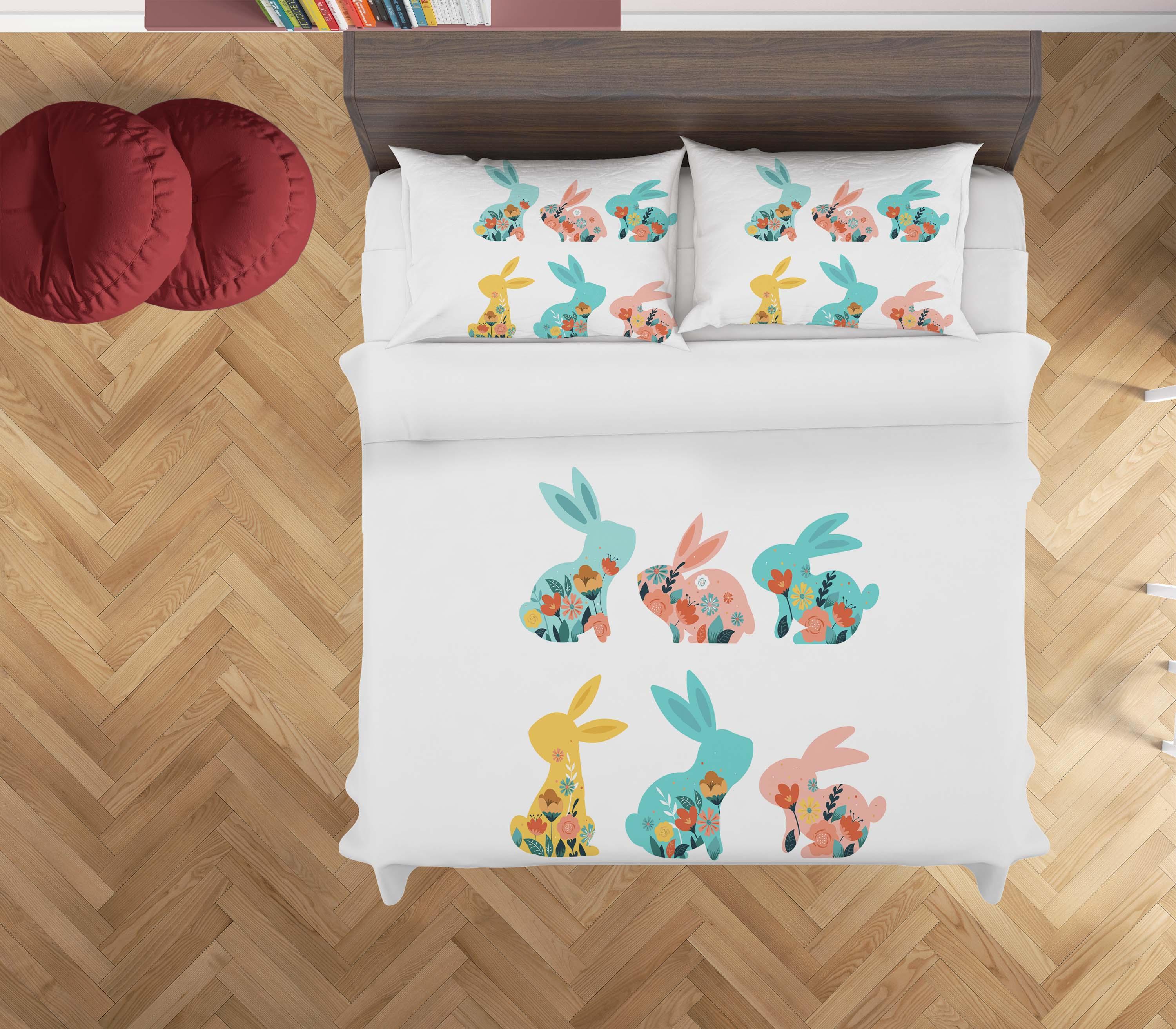 3D White Rabbit Floral Quilt Cover Set Bedding Set Duvet Cover Pillowcases SF48- Jess Art Decoration