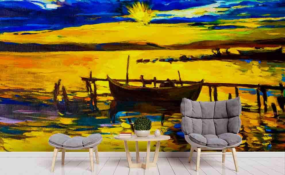 3D Ocean Boat Sunset Oil Painting Wall Mural Wallpaper  sww 39- Jess Art Decoration