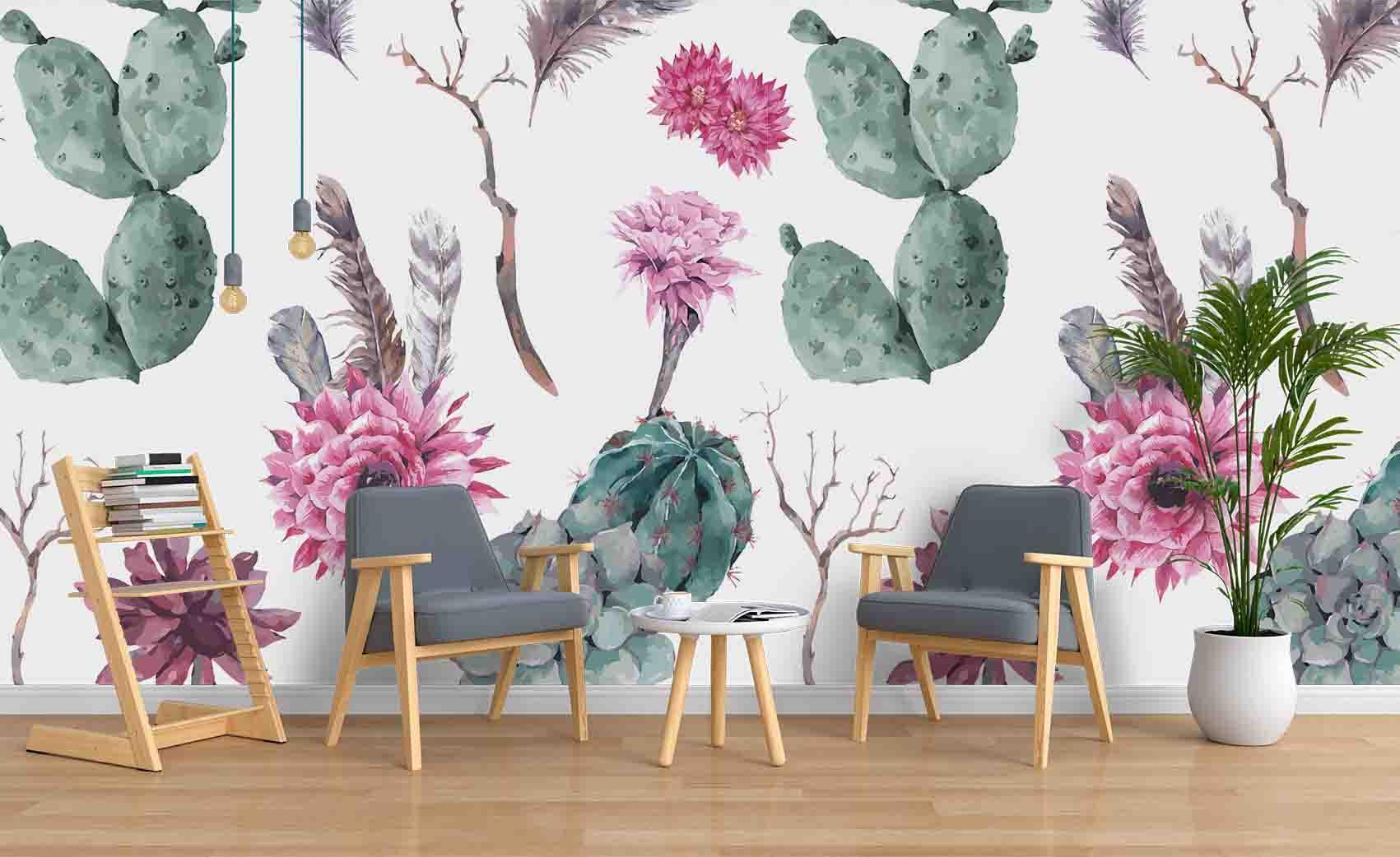 3D Cactus Flowers Feather Wall Mural Wallpaper SF39- Jess Art Decoration
