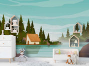 3D Cartoon Sky Forest Lake Wall Mural Wallpaper LQH 41- Jess Art Decoration
