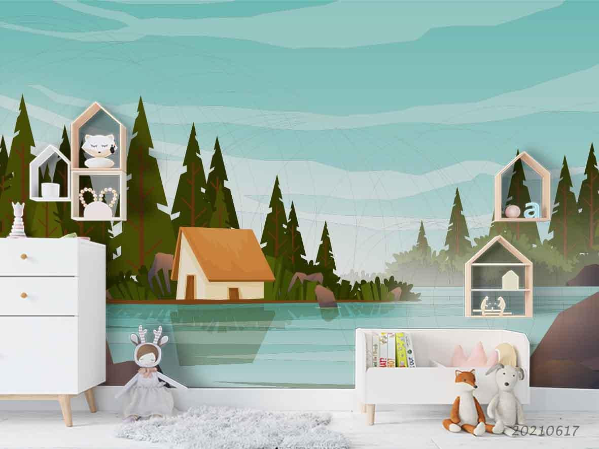 3D Cartoon Sky Forest Lake Wall Mural Wallpaper LQH 41- Jess Art Decoration