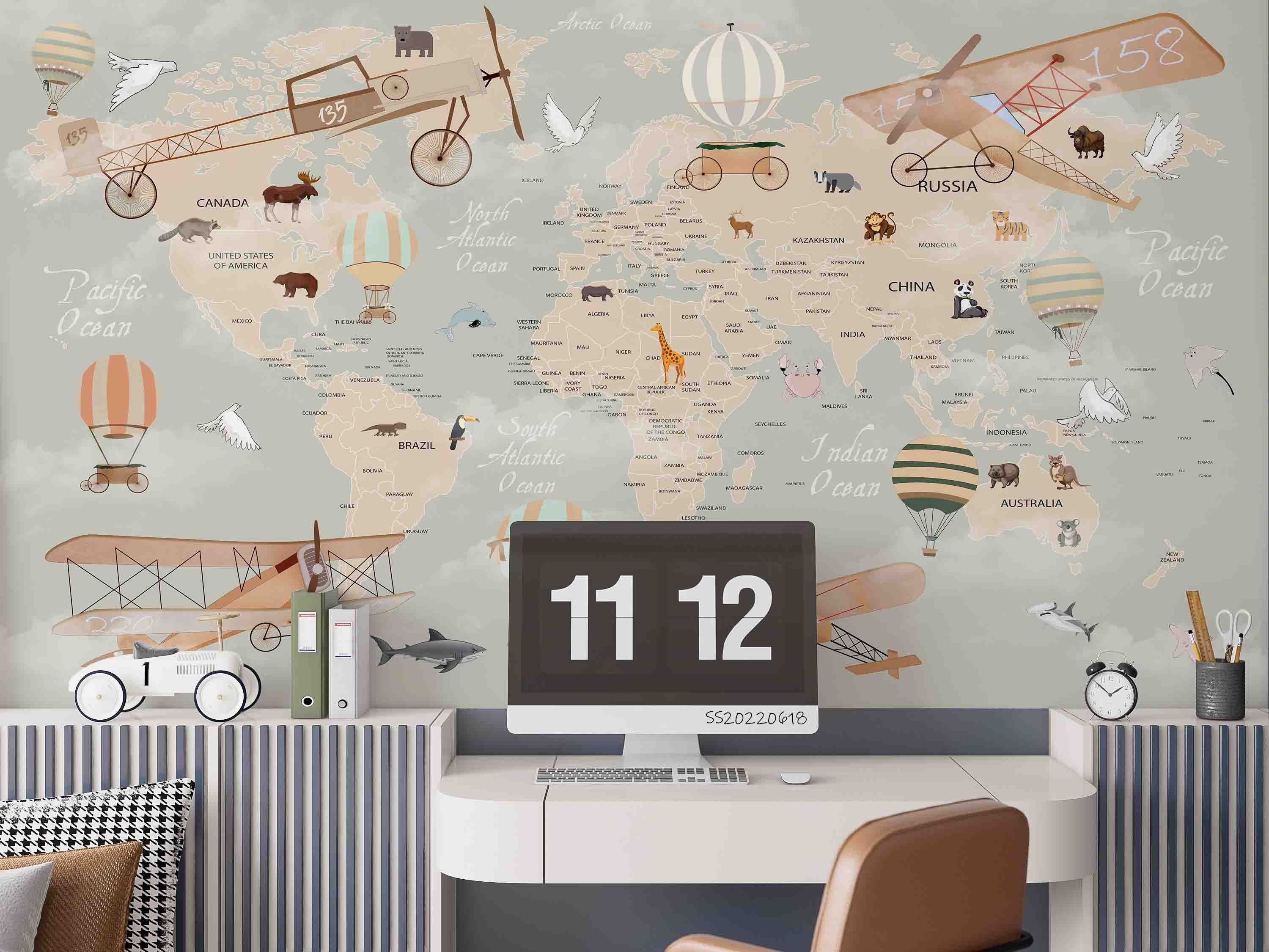 3D World Map Cartoon Animal Aircraft Balloon Wall Mural Wallpaper GD 863- Jess Art Decoration