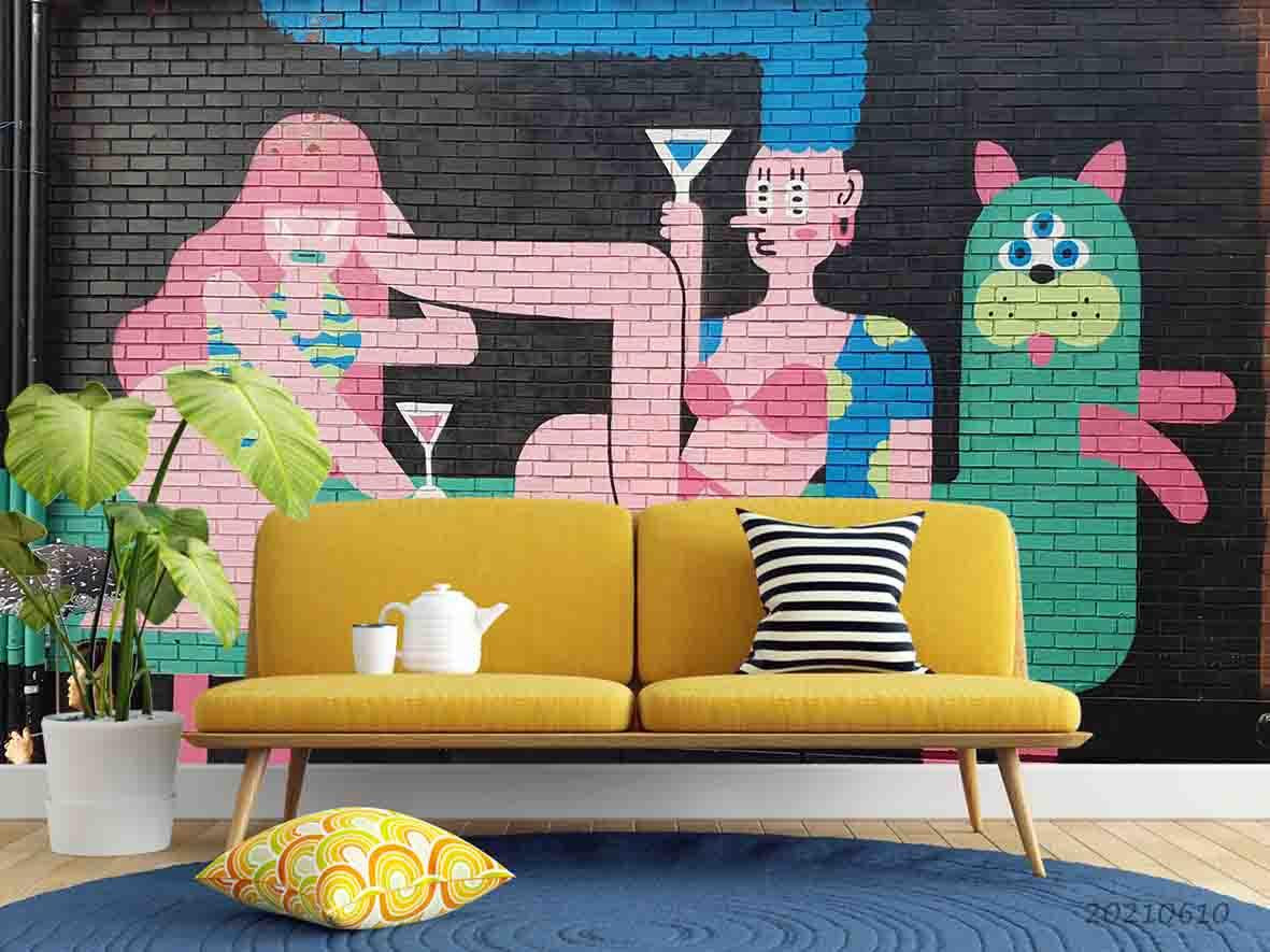 3D  Hand-painted Cartoon Girl Dog Brick Wall Mural Wallpaper SWW1845- Jess Art Decoration