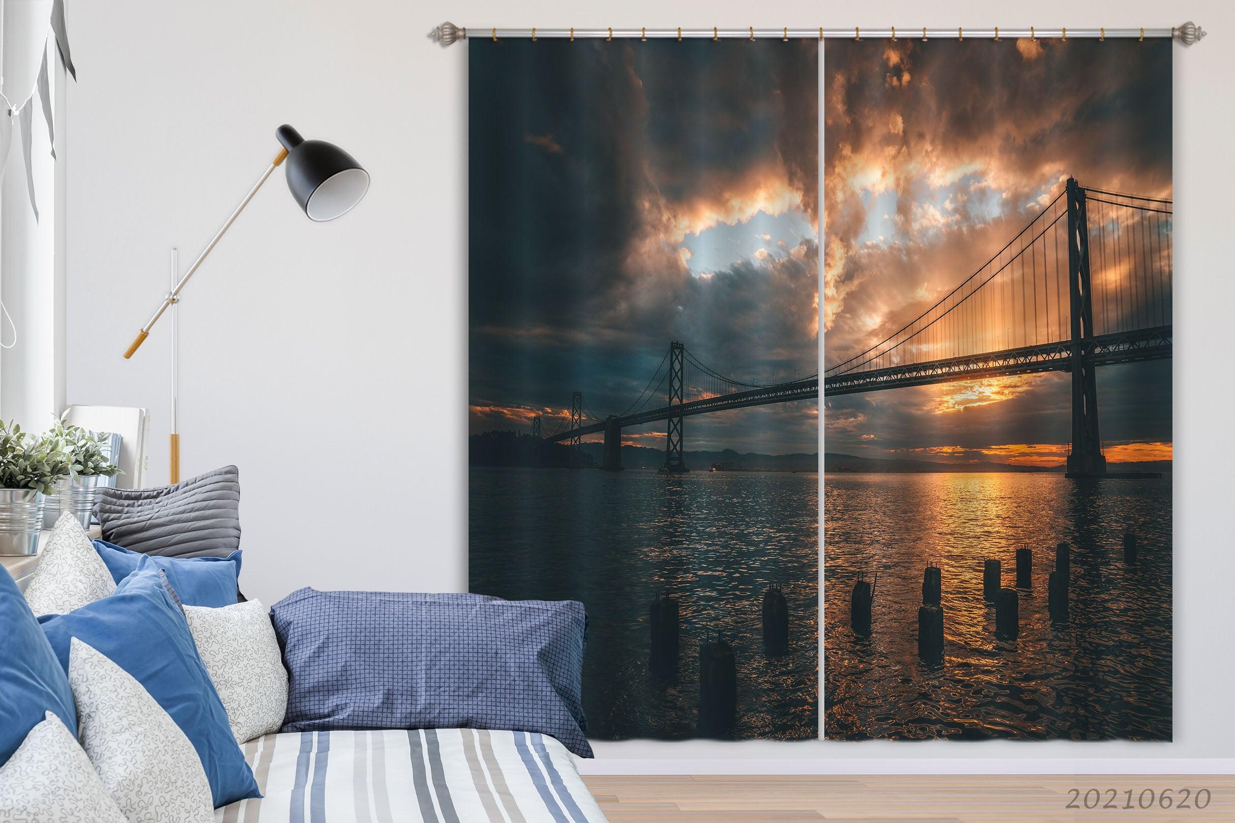 3D Bridge Sea Sunrise Dark Cloud Curtains and Drapes GD 790- Jess Art Decoration
