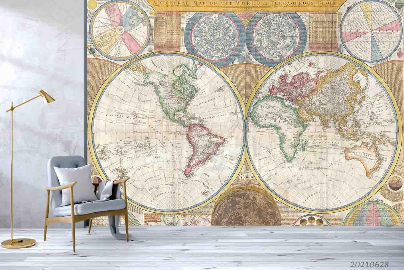 3D Retro World Map Wall Mural Wallpaper LQH 218- Jess Art Decoration