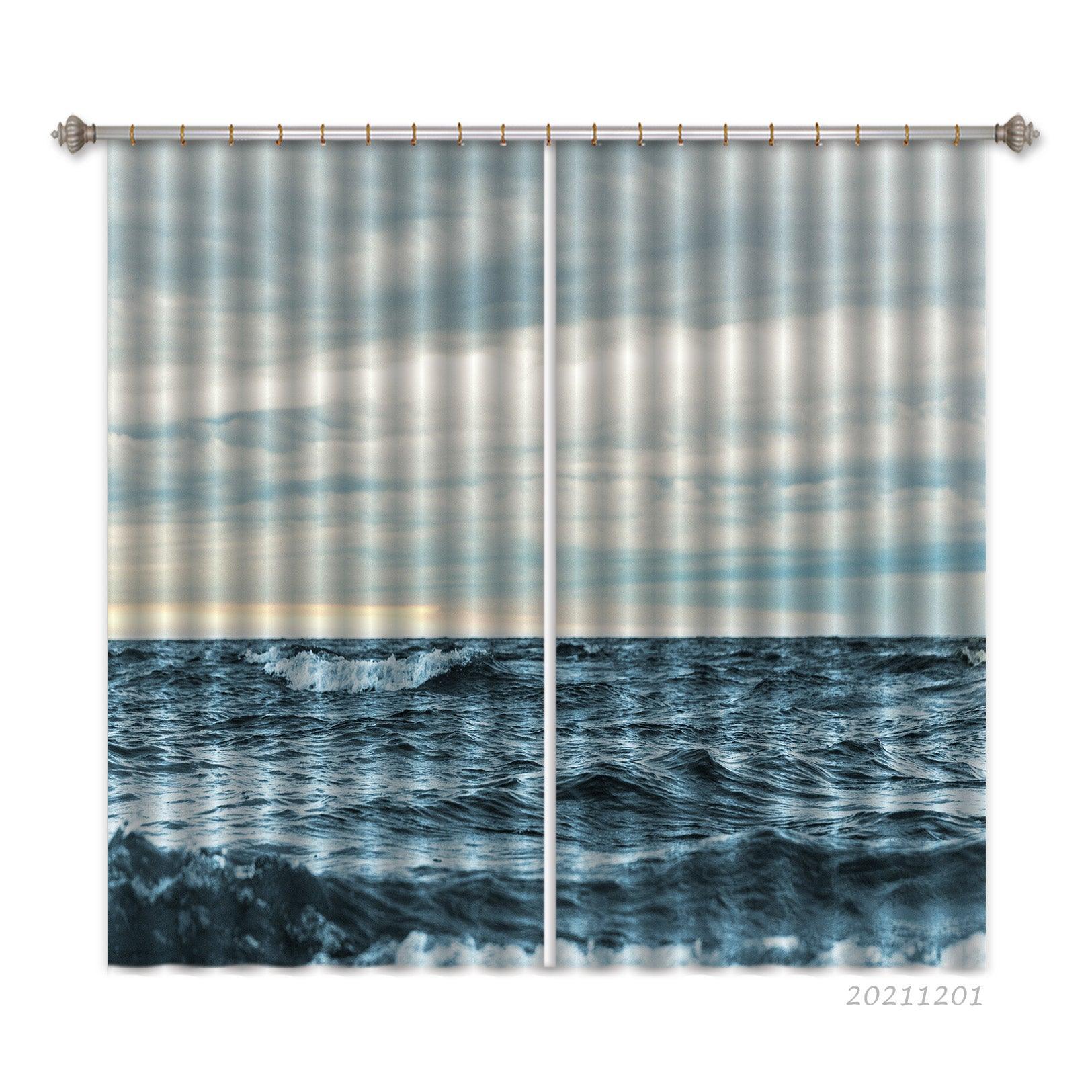 3D Sea Wave Sky Blue Landscape Curtains and Drapes LLL 303- Jess Art Decoration