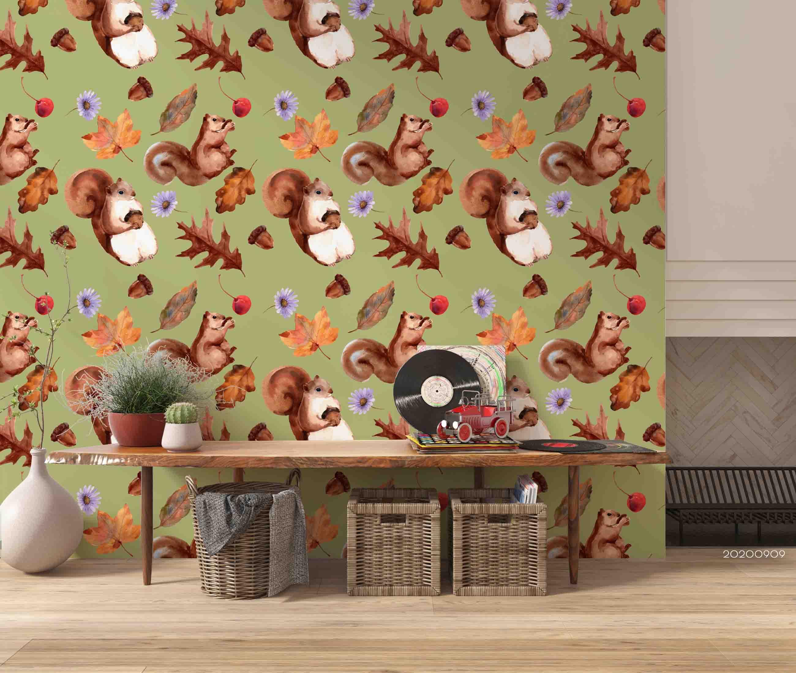 3D Cartoon Squirrel Animal Nut Maple Leaves Plant Wall Mural Wallpaper LXL- Jess Art Decoration