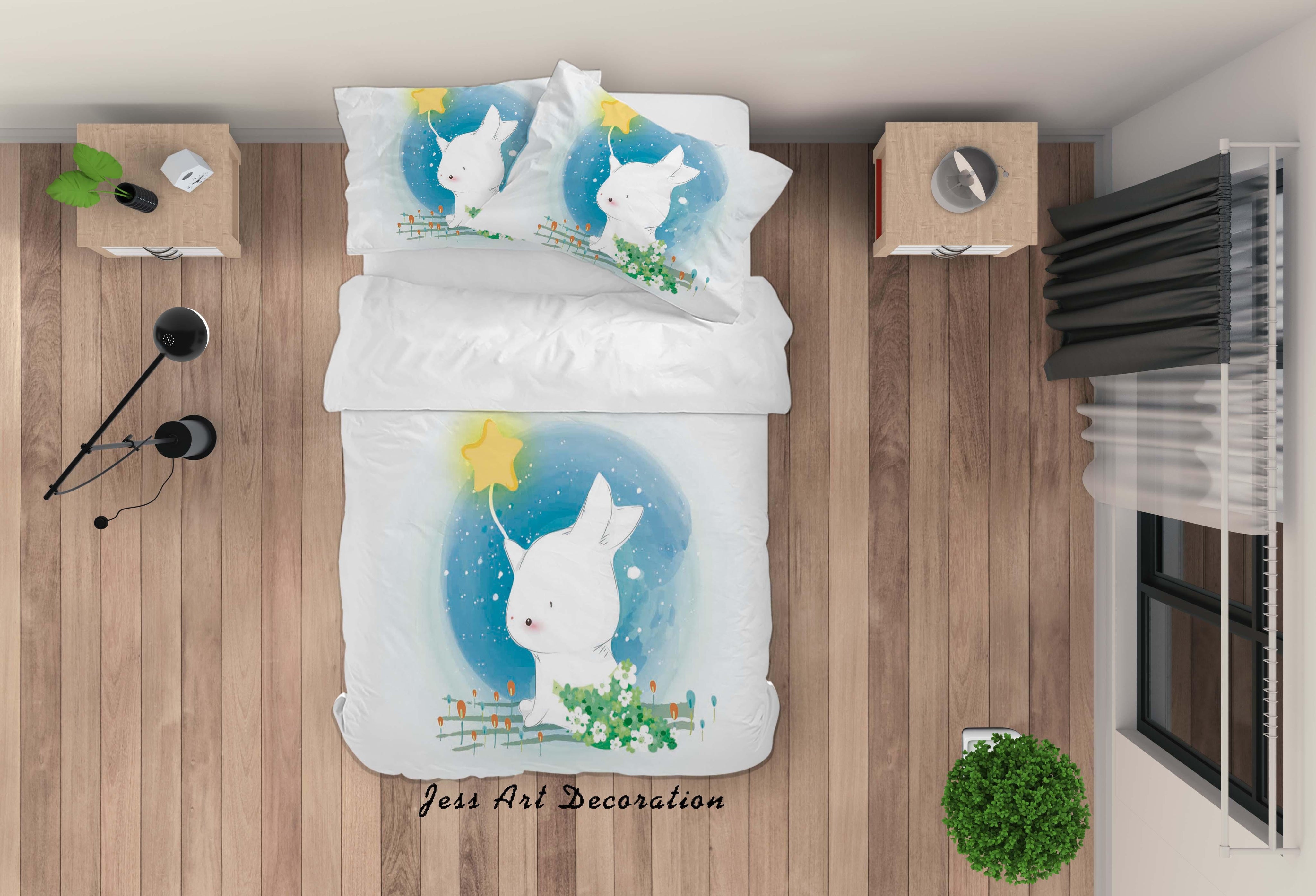 3D White Blue Rabbit Star Quilt Cover Set Bedding Set Duvet Cover Pillowcases SF91- Jess Art Decoration