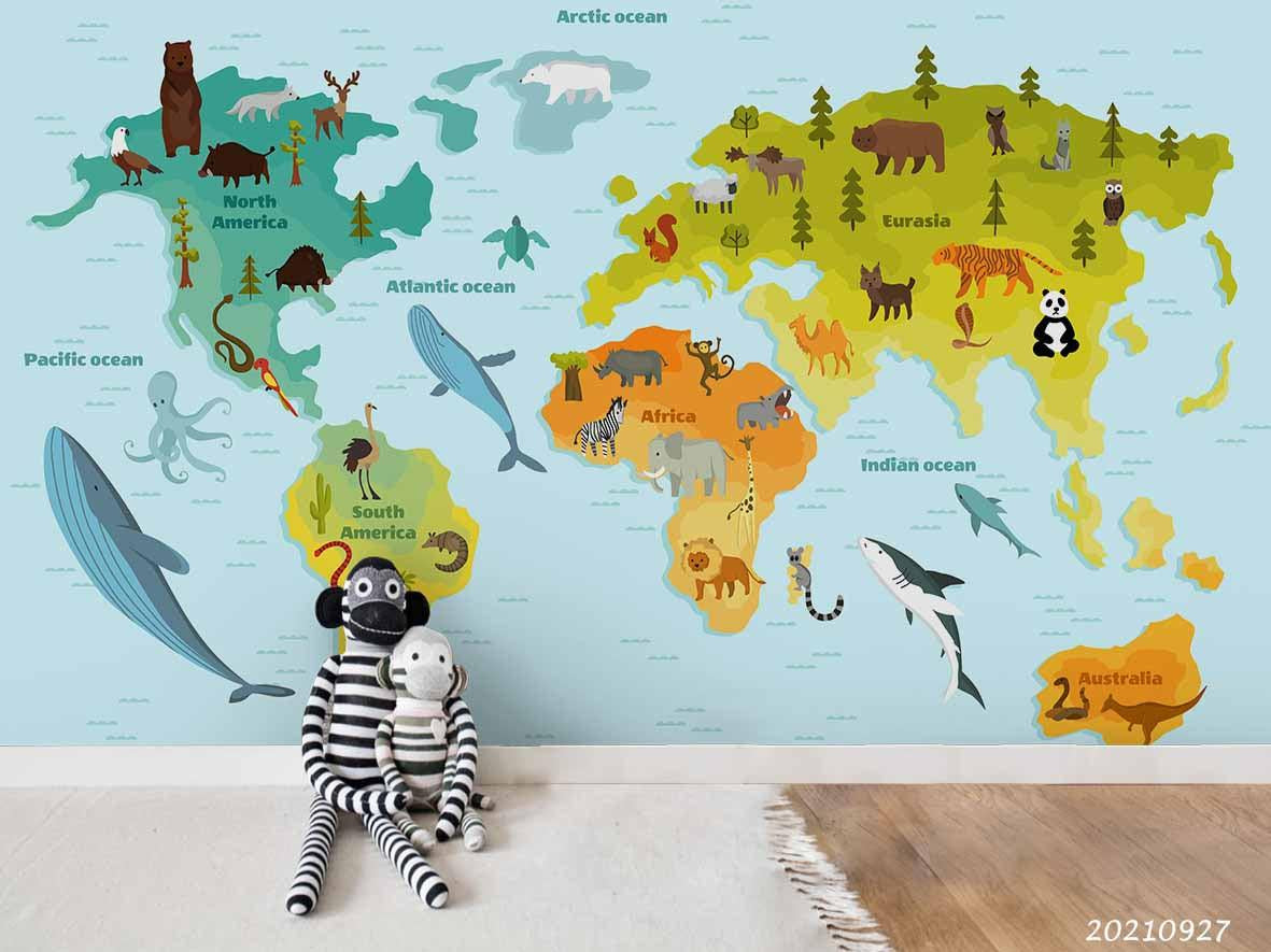 3D Blue World Map Kids Wall Mural Wallpaper LQH 146- Jess Art Decoration