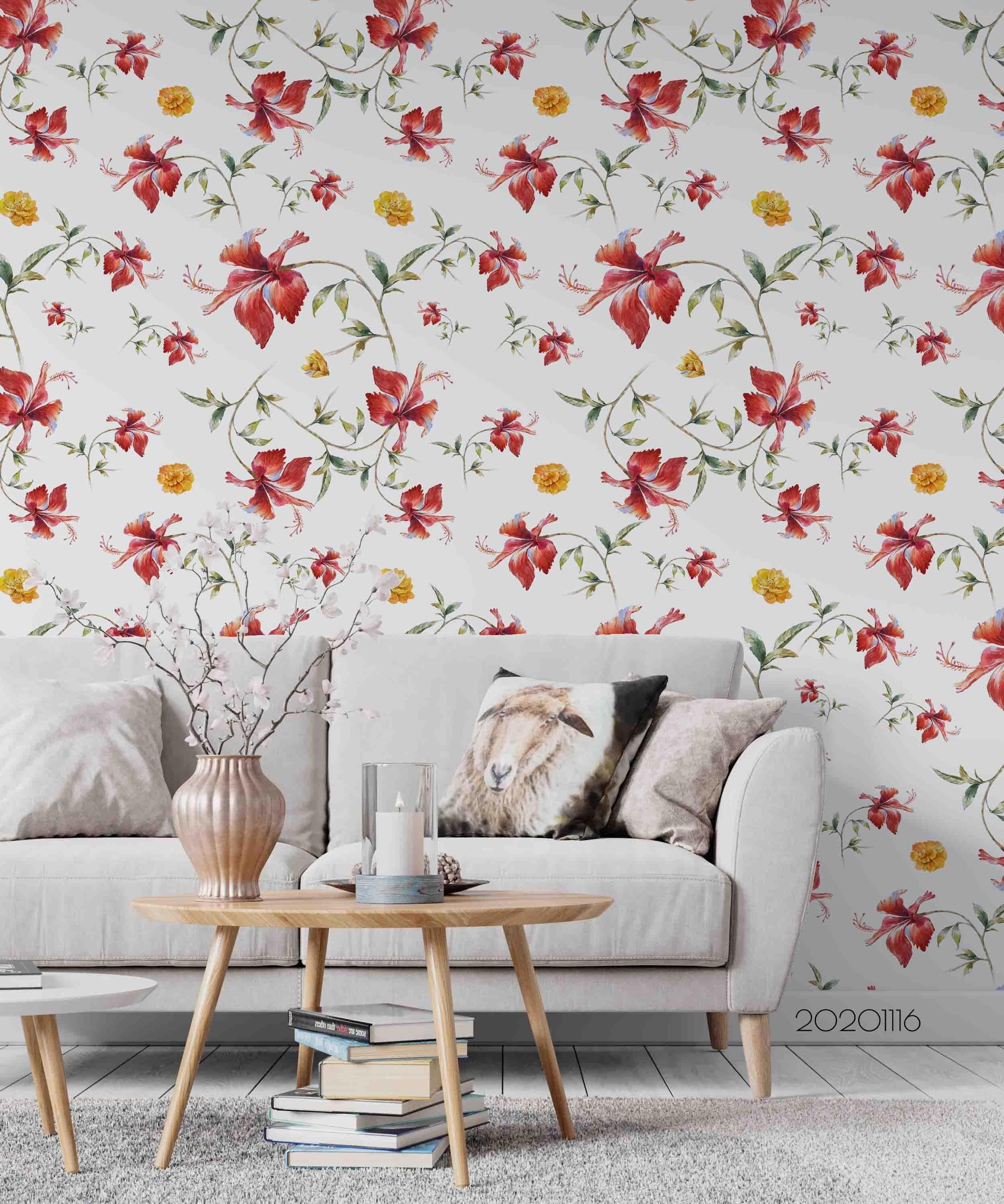 3D Hand Drawn Red Floral Leaves Wall Mural Wallpaper LQH 189- Jess Art Decoration