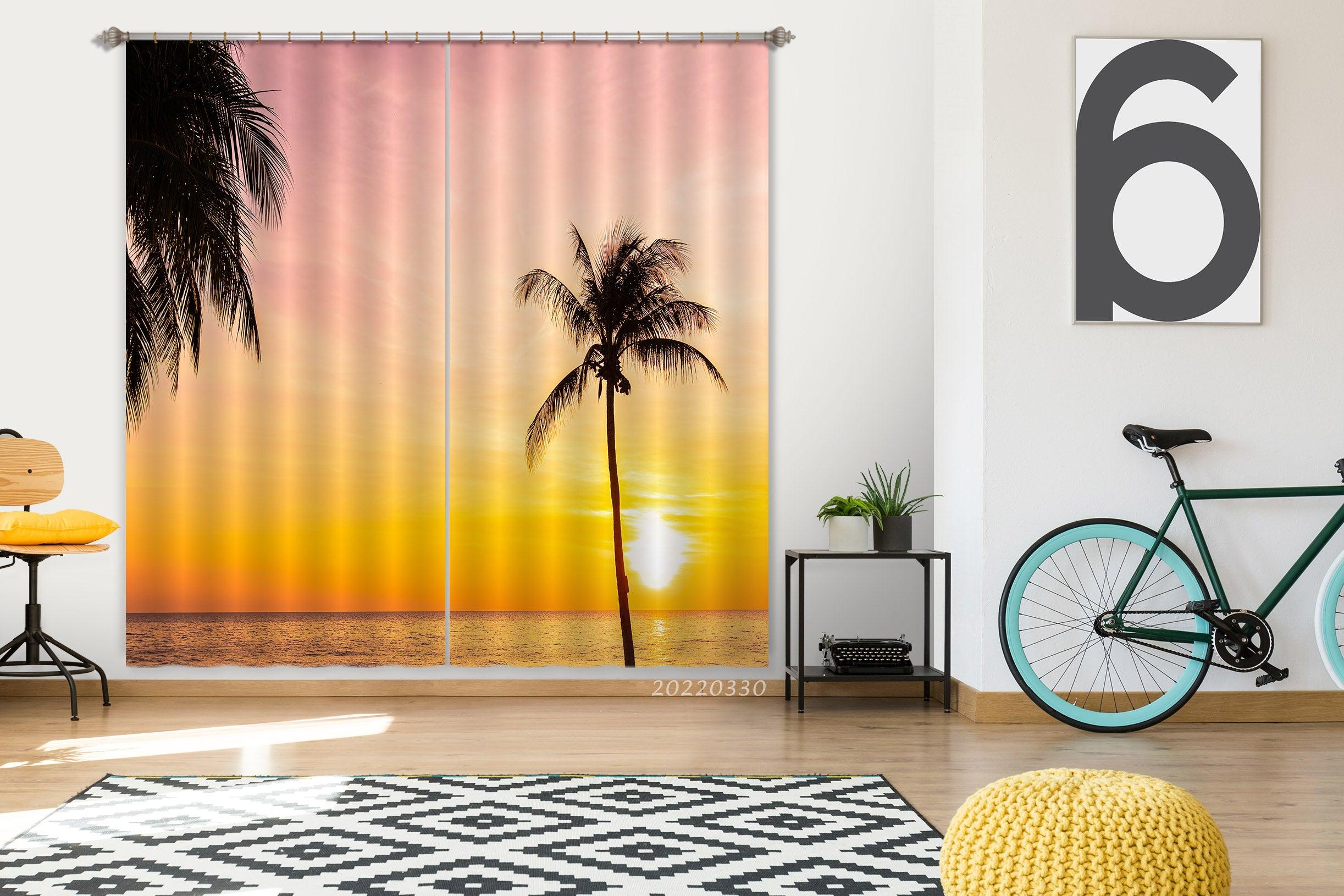 3D Landscape Ocean Silhouette Coconut Tree Sunset Curtains and Drapes GD 3750- Jess Art Decoration
