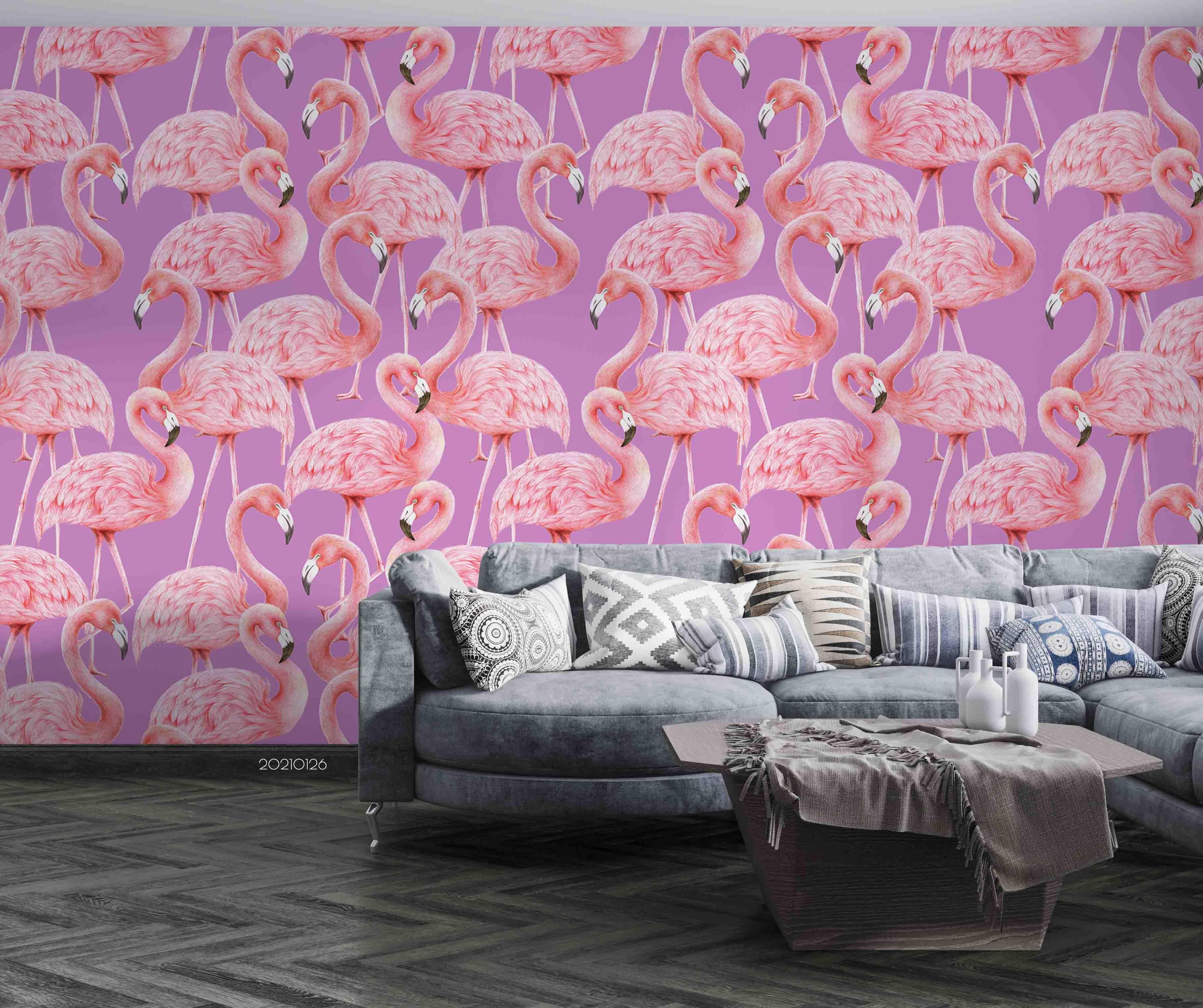 3D Hand Drawn Animal Pink Flamingo Wall Mural Wallpaper LQH 62- Jess Art Decoration