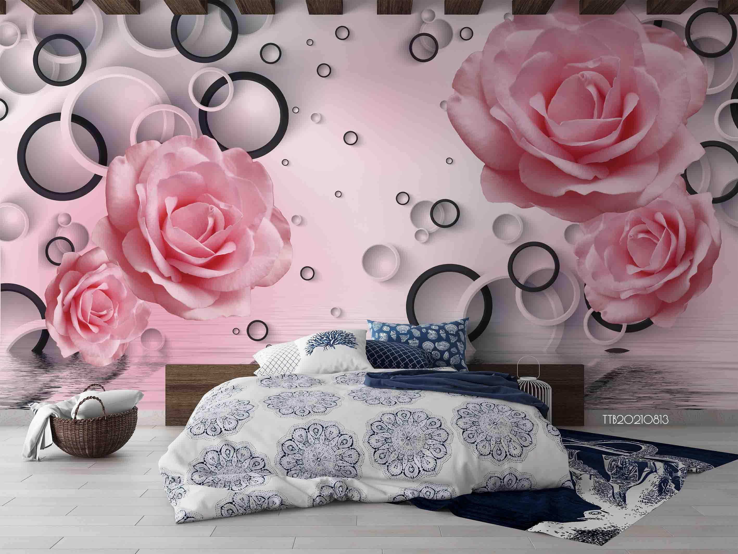 3D Pink Floral Roses Geometry Circle Wall Mural Wallpaper 5074- Jess Art Decoration