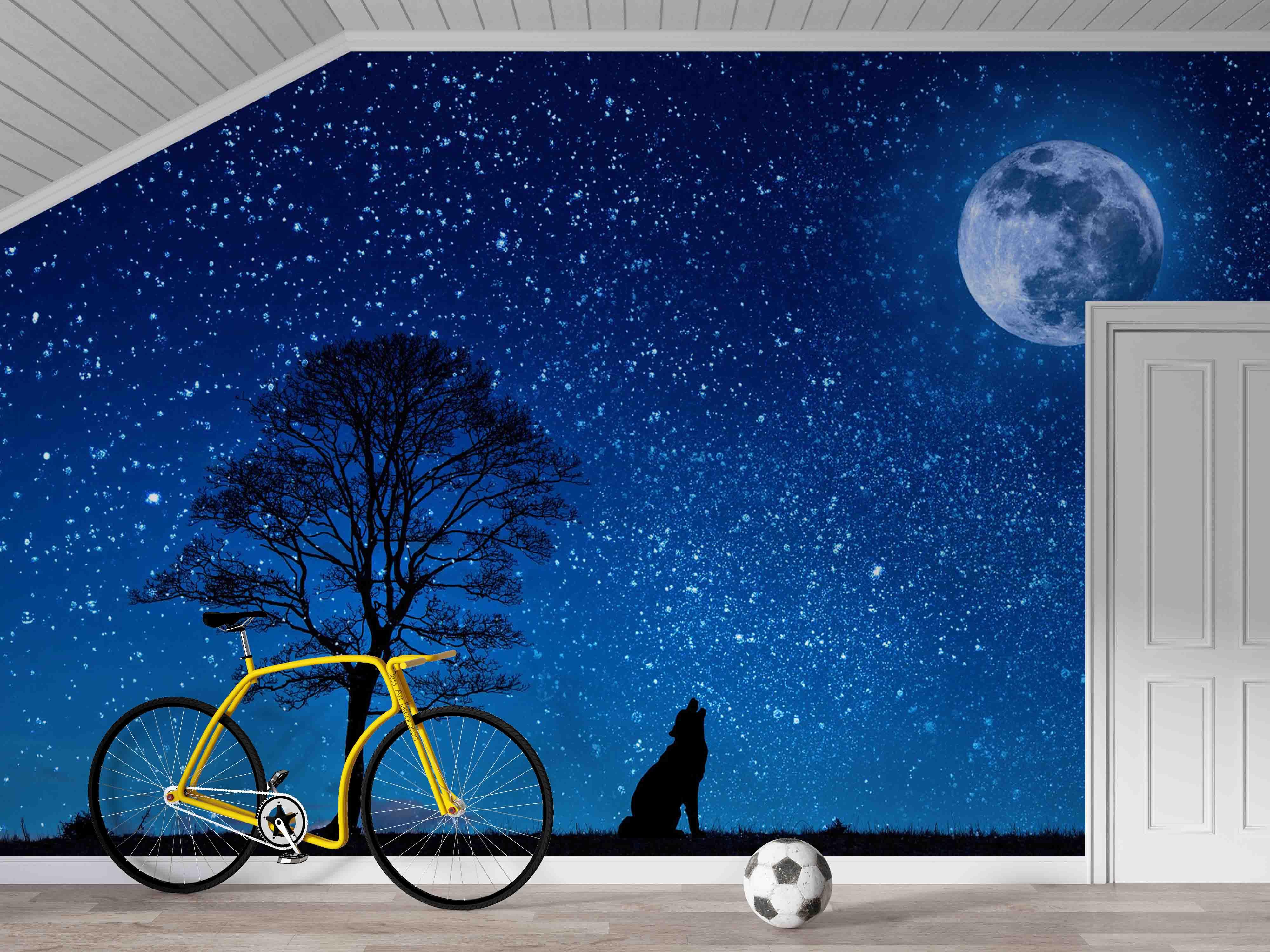 3D Animal Wolf Starry Sky Moon Blue Landscape Wall Mural Wallpaper LLL 1768- Jess Art Decoration