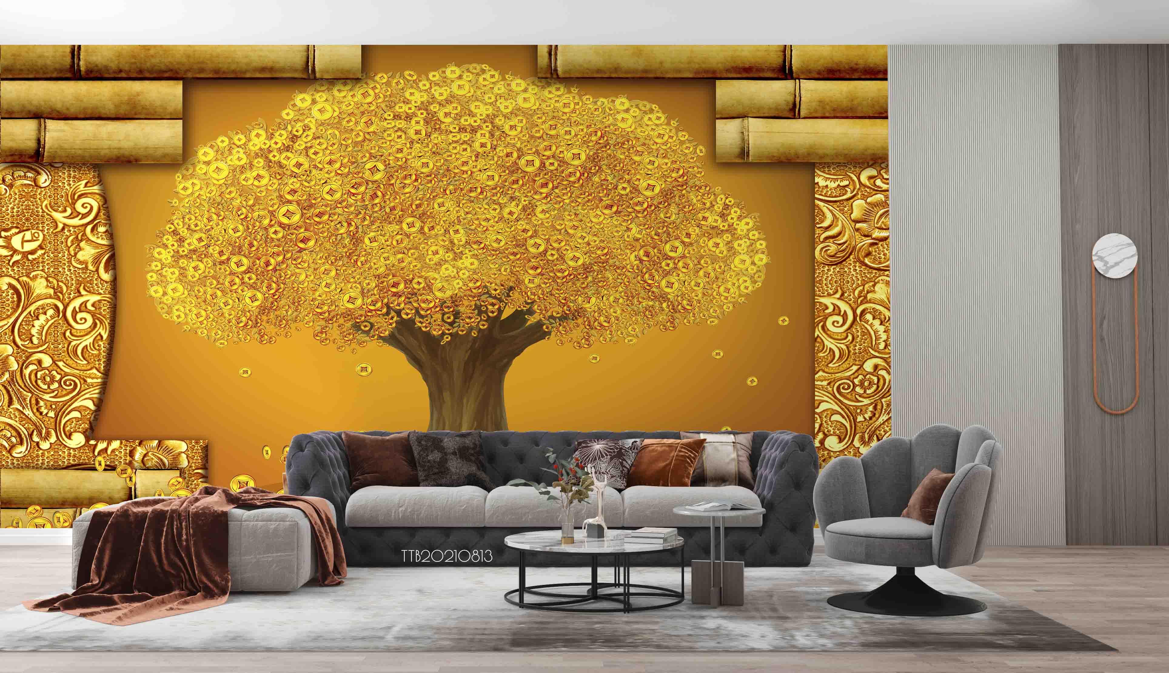3D Golden Big Tree Wall Mural Wallpaper SWW5081- Jess Art Decoration