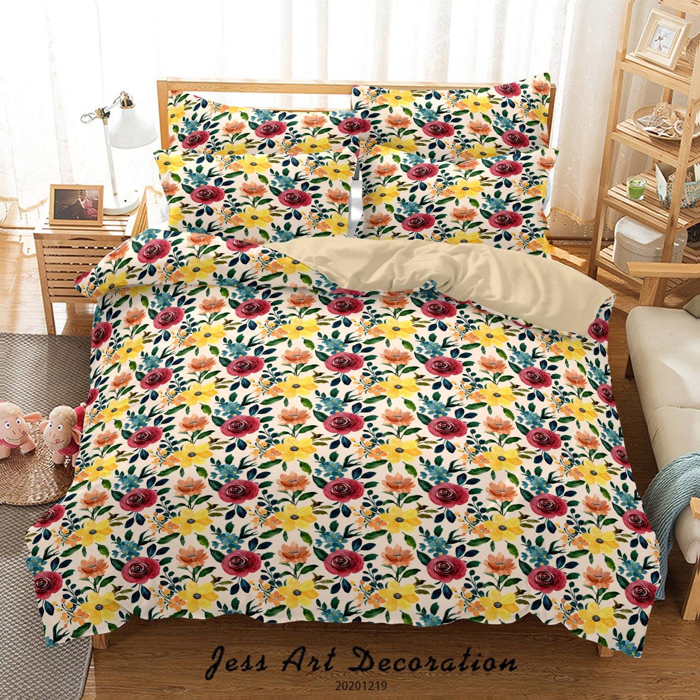 3D Watercolor Red Yellow Floral Quilt Cover Set Bedding Set Duvet Cover Pillowcases 46- Jess Art Decoration