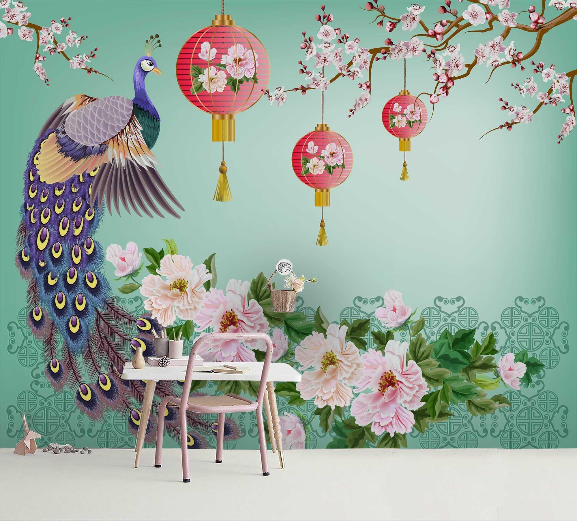 3D Peacock Plum Blossom Lantern Wall Mural Wallpaper 34 LQH- Jess Art Decoration