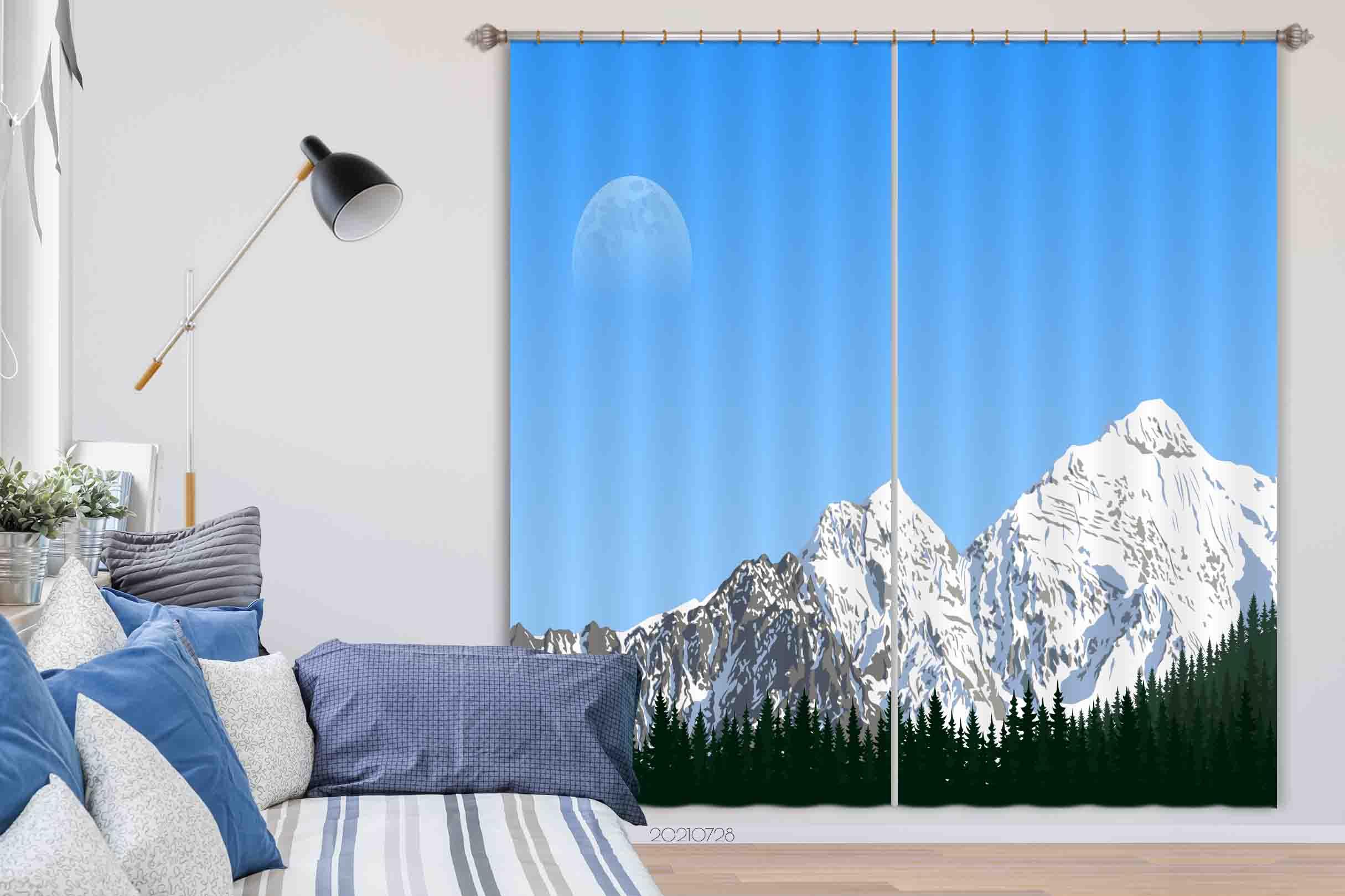 3D Blue Sky Snow Mountain Forest Landscape Curtains and Drapes LQH 50- Jess Art Decoration