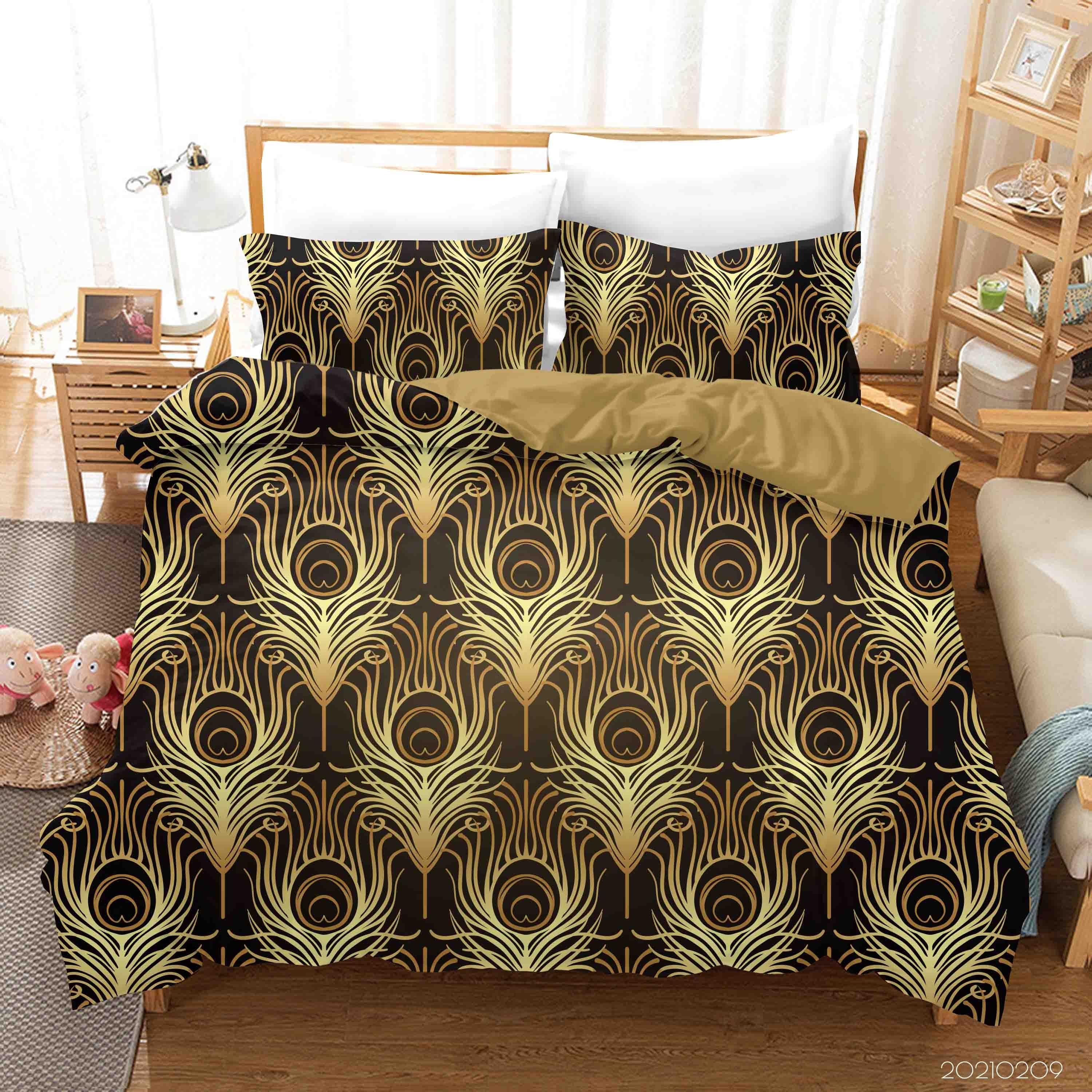 3D Hand Drawn Golden Feather Quilt Cover Set Bedding Set Duvet Cover Pillowcases 290- Jess Art Decoration