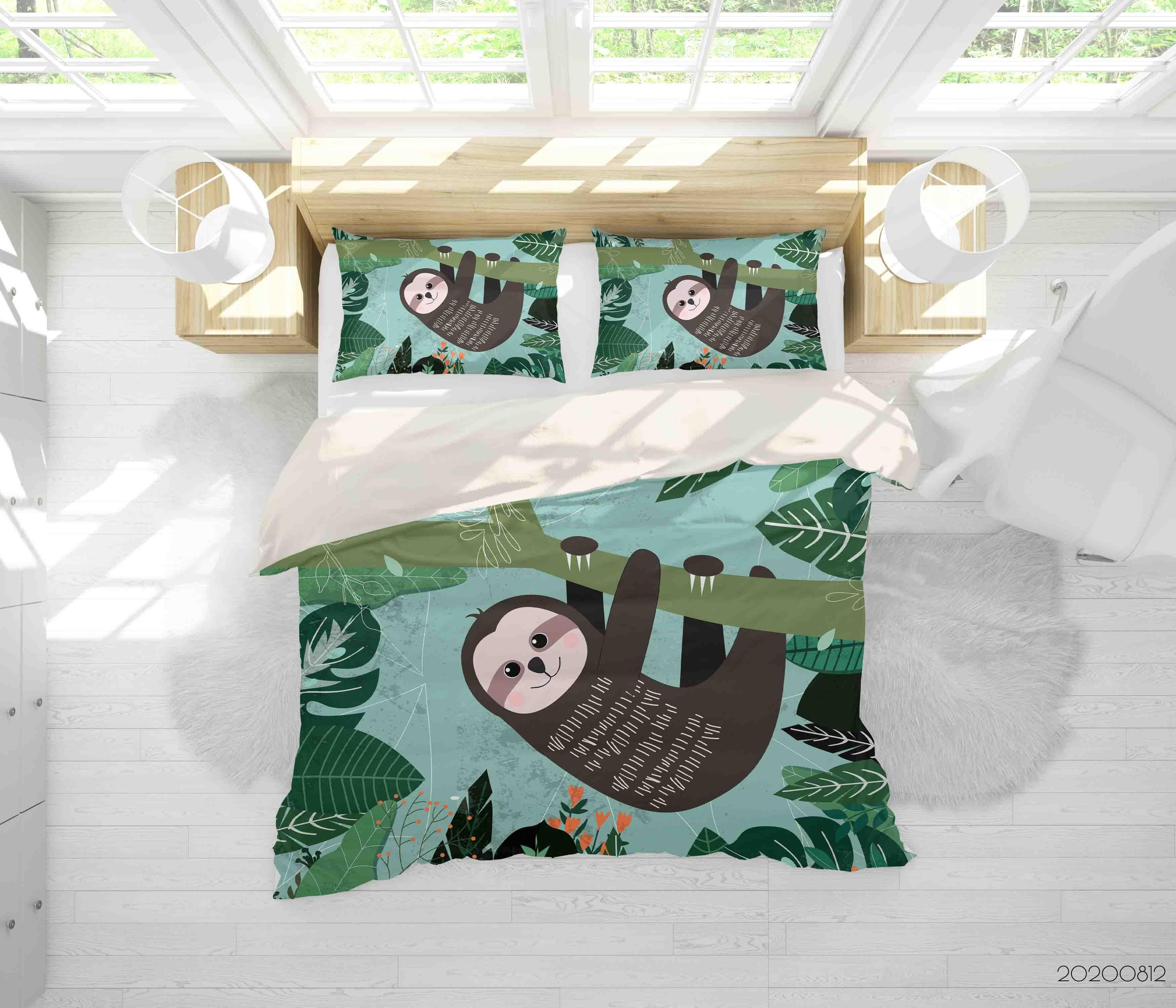 3D Hand Drawn Green Leaves Plant Sloth Quilt Cover Set Bedding Set Duvet Cover Pillowcases LXL- Jess Art Decoration