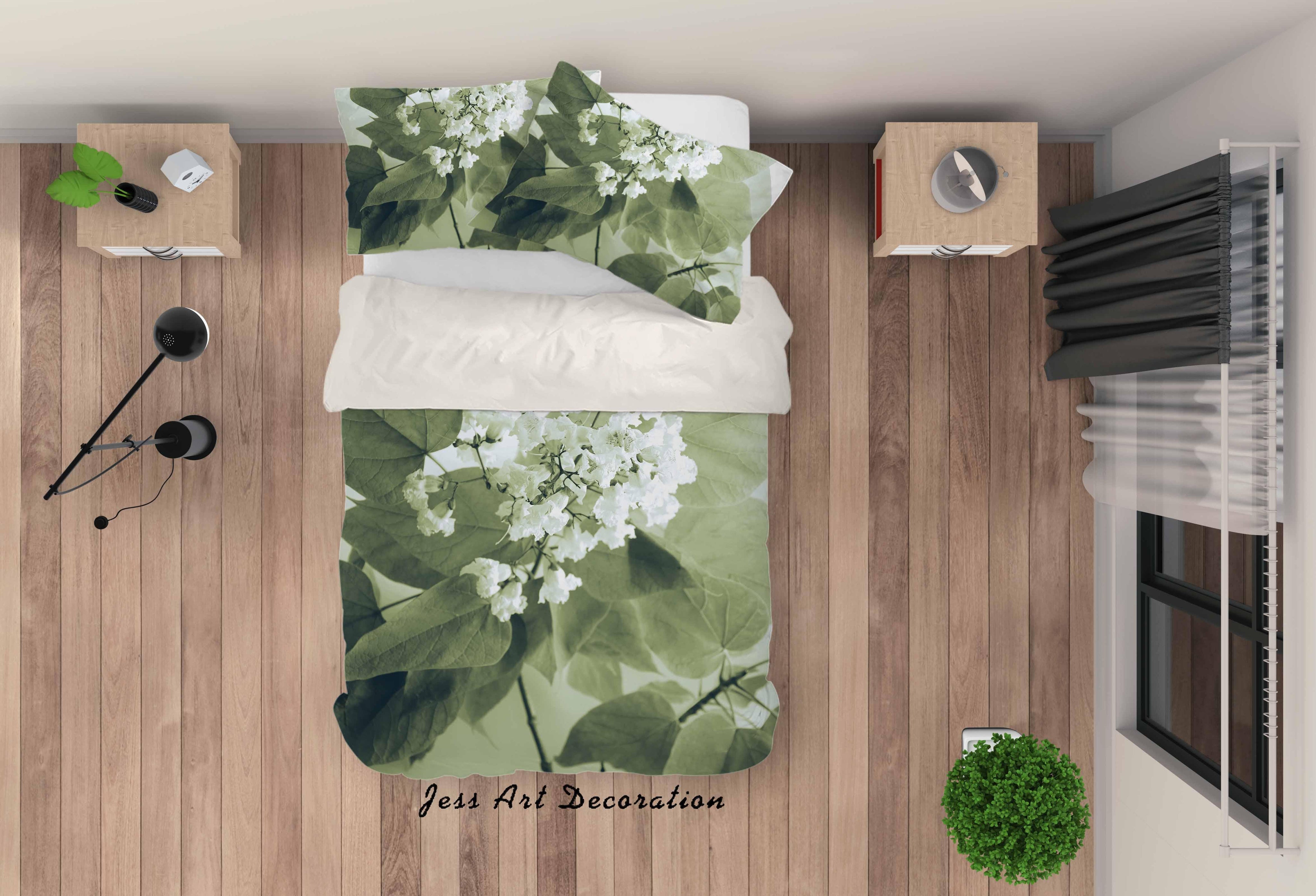 3D White Flowers Green Leaves Quilt Cover Set Bedding Set Duvet Cover Pillowcases LQH A136- Jess Art Decoration