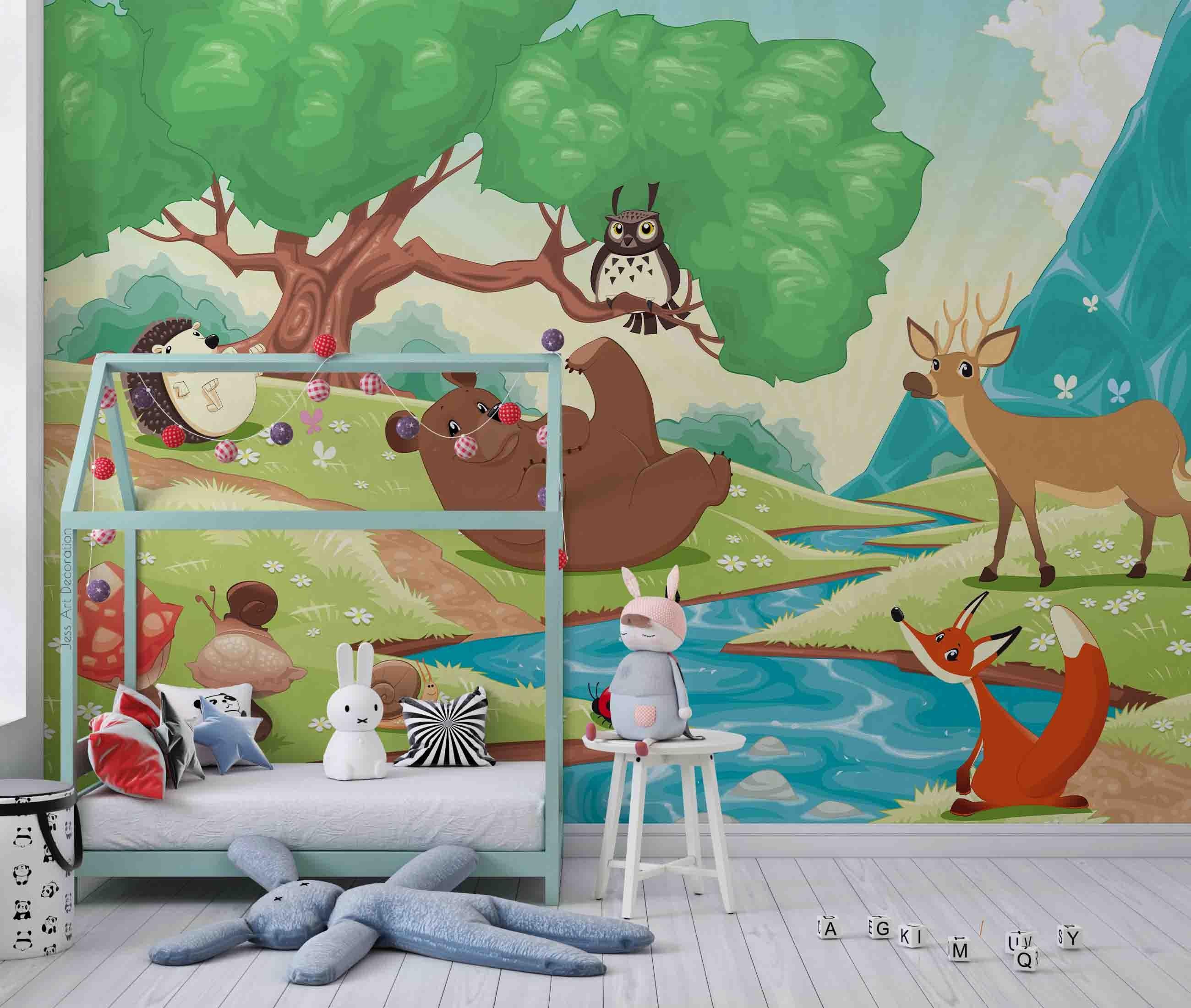 3D Cartoon Forest Animal River Wall Mural Wallpaper GD 2505- Jess Art Decoration