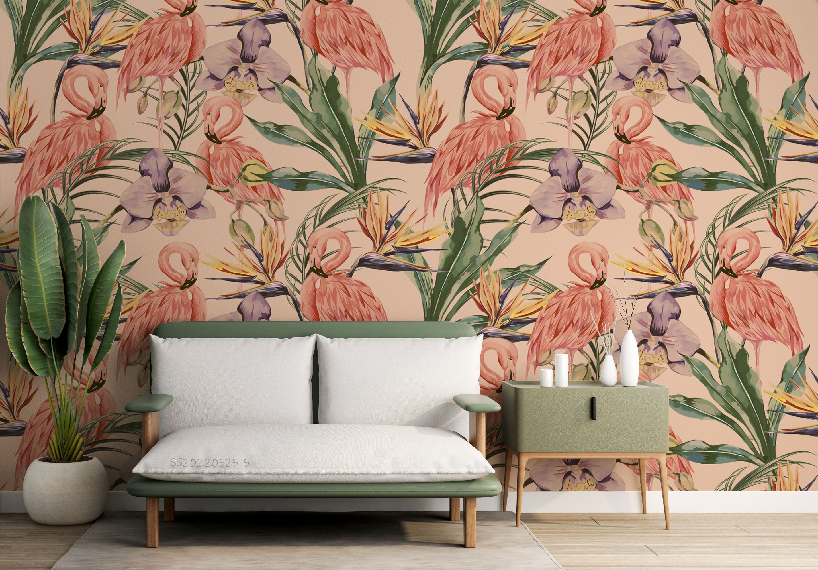 3D Tropical Leaves Floral Flamingo Wall Mural Wallpaper GD 995- Jess Art Decoration