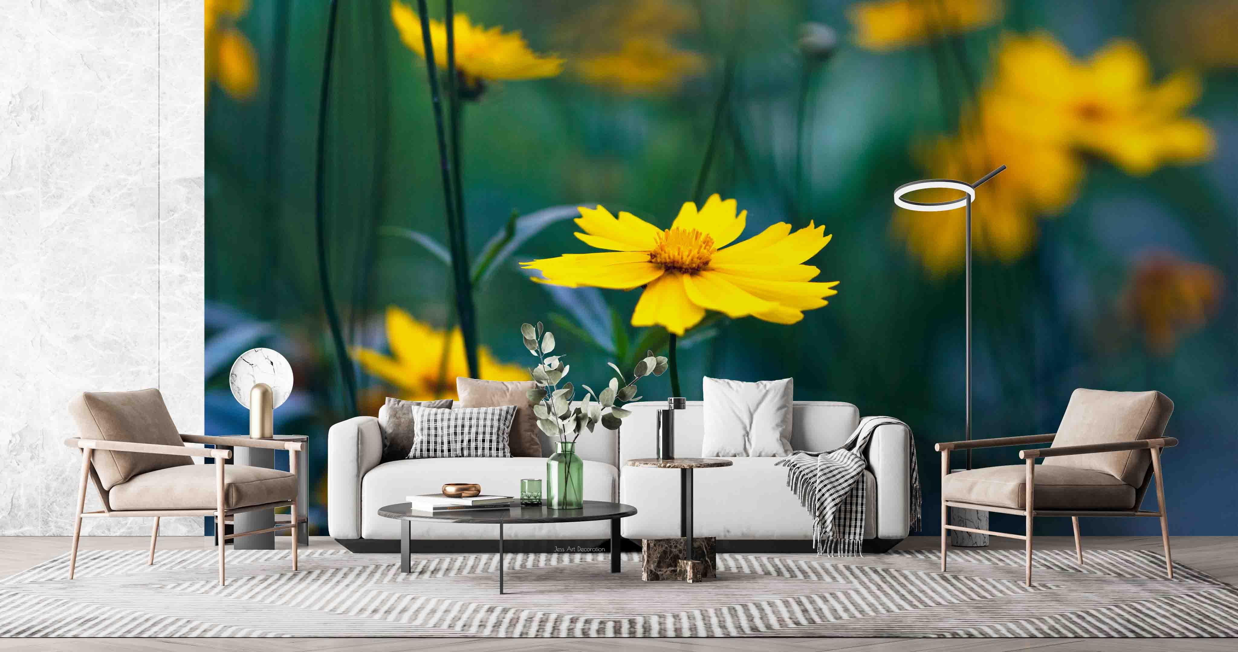 3D Yellow Flowers Green Leaf Wall Mural Wallpaper GD 2426- Jess Art Decoration