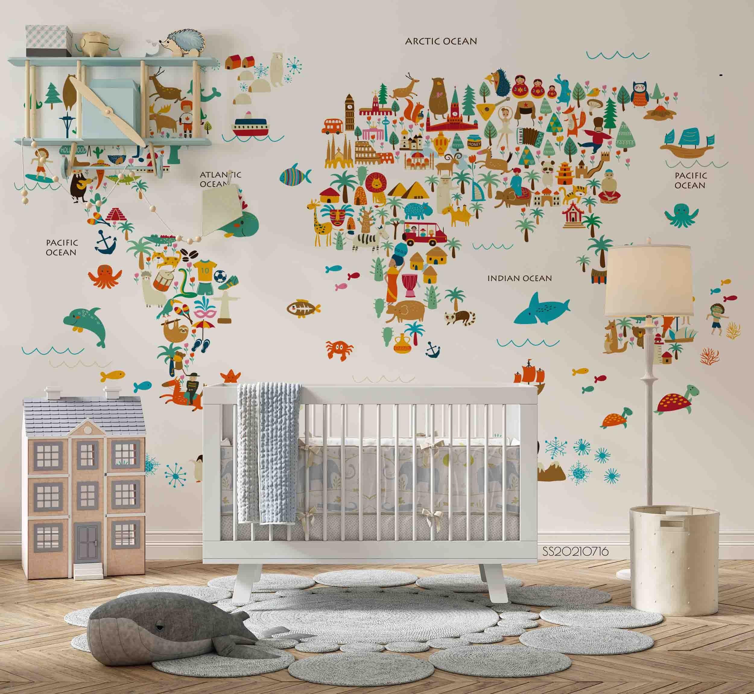 3D Cartoon World Map Animals Wall Mural Wallpaper LQH 19- Jess Art Decoration