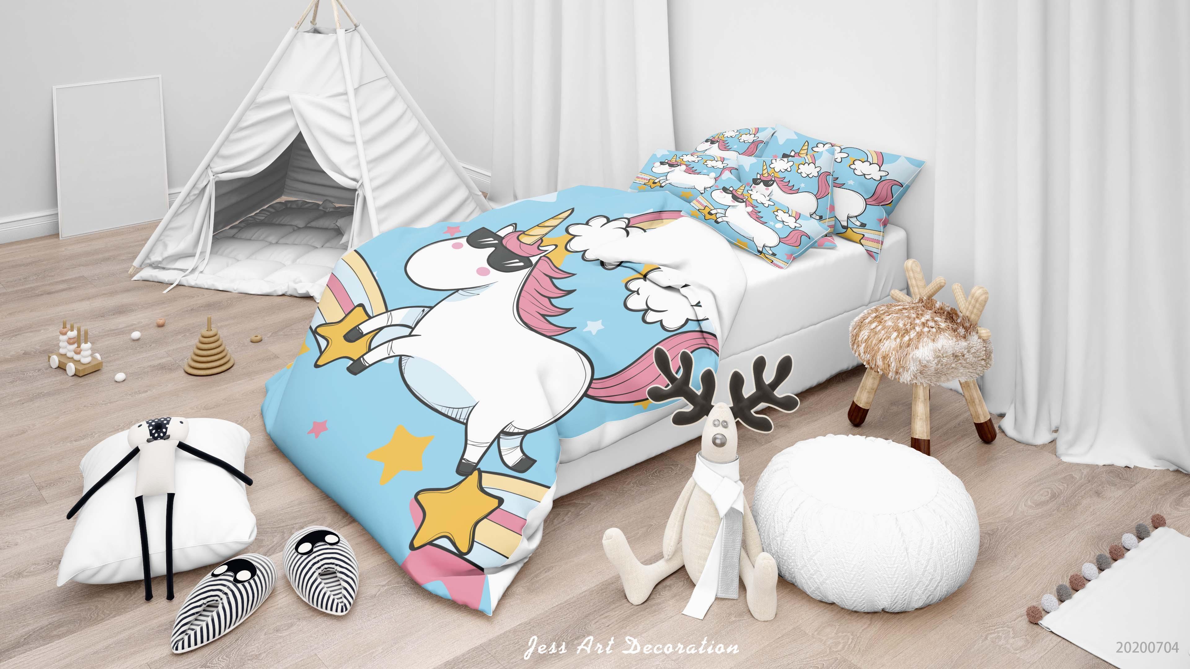 3D Blue Rainbow Stars Unicorn Quilt Cover Set Bedding Set Duvet Cover Pillowcases SF42- Jess Art Decoration