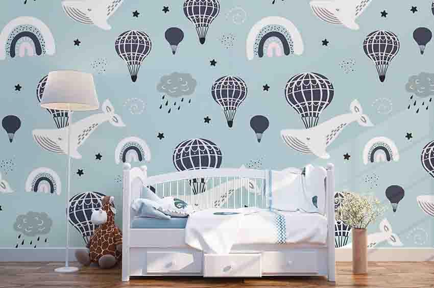 3D Blue Whale Hot Air Balloon Clouds Star Wall Mural Wallpaper SF99- Jess Art Decoration